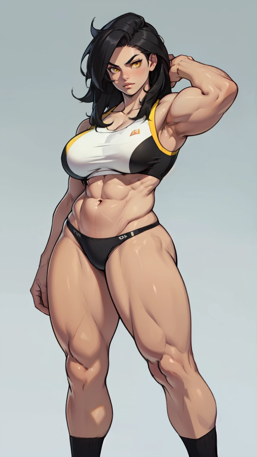 girl solo standing (((muscular girl toned body large breasts thick))) yellow eyes black hair pale skin perfect anatomy perfect anatomy perfect anatomy best quality best quality