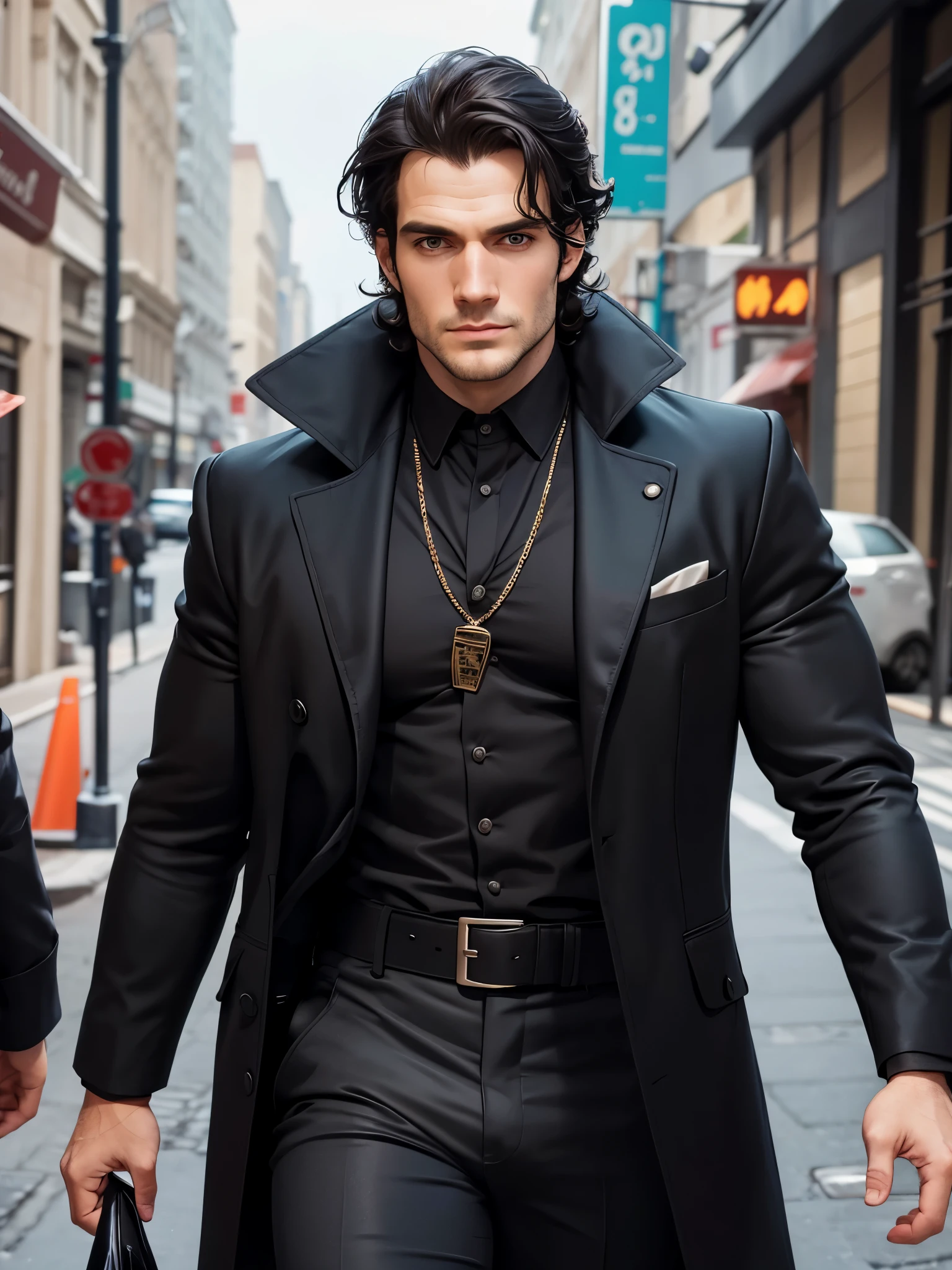 create a gorgeous man, Henry Cavill big black cebelo hairstyle, short beard, handsome face, with black jacket, rocker style