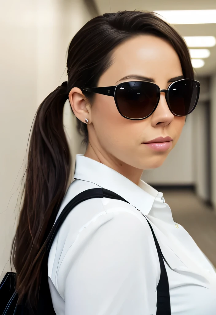 masterpiece, lifelike upper body image of AubreyPlaza, wearing a white blouse and business suit jacket, photo realistic, highly detailed, arms folded, detailed face, resting bitch face, ((black sunglasses)), ((hair in a ponytail)), ((designer handbag over her shoulder)), dramatic lighting, detailed eyes, standing in an corridor of an executive office building