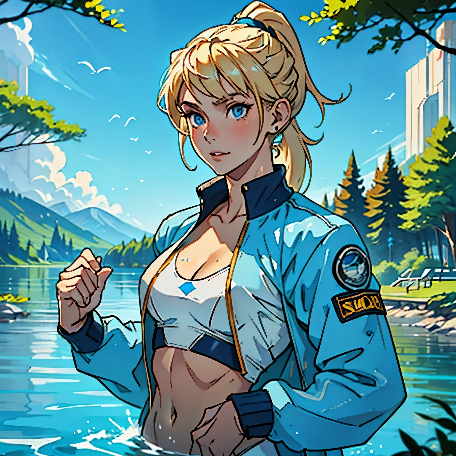 (Blonde teenager), 18 years old, blue eyes, (short golden hair), (ponytail), small breasts. She wears a white sci-fi suit with blue jacket, (she wears cleavage on her blouse), happy. Swimming in a lake, forest background