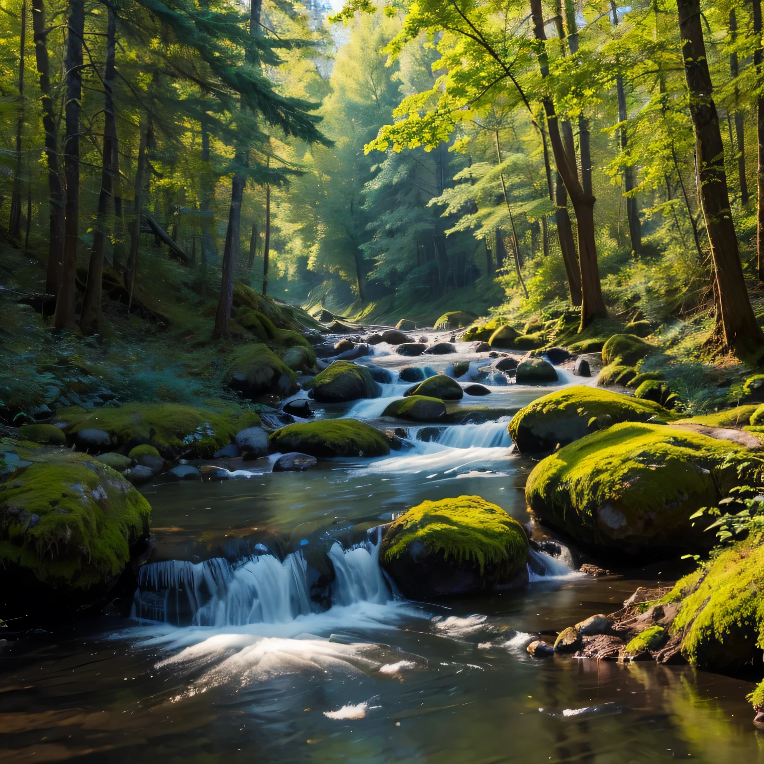 A stream in the forest, Russian nature, sunny day