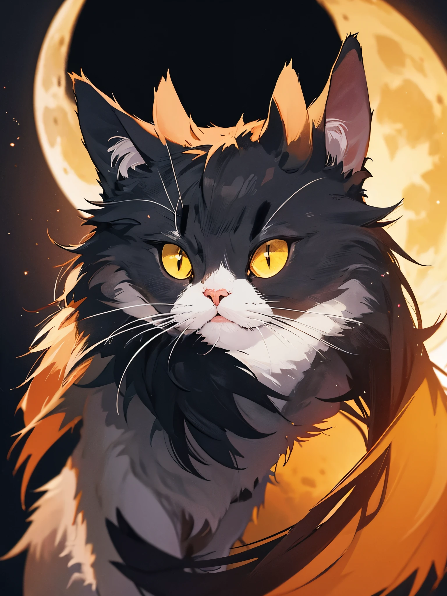 Cat in black background an moon