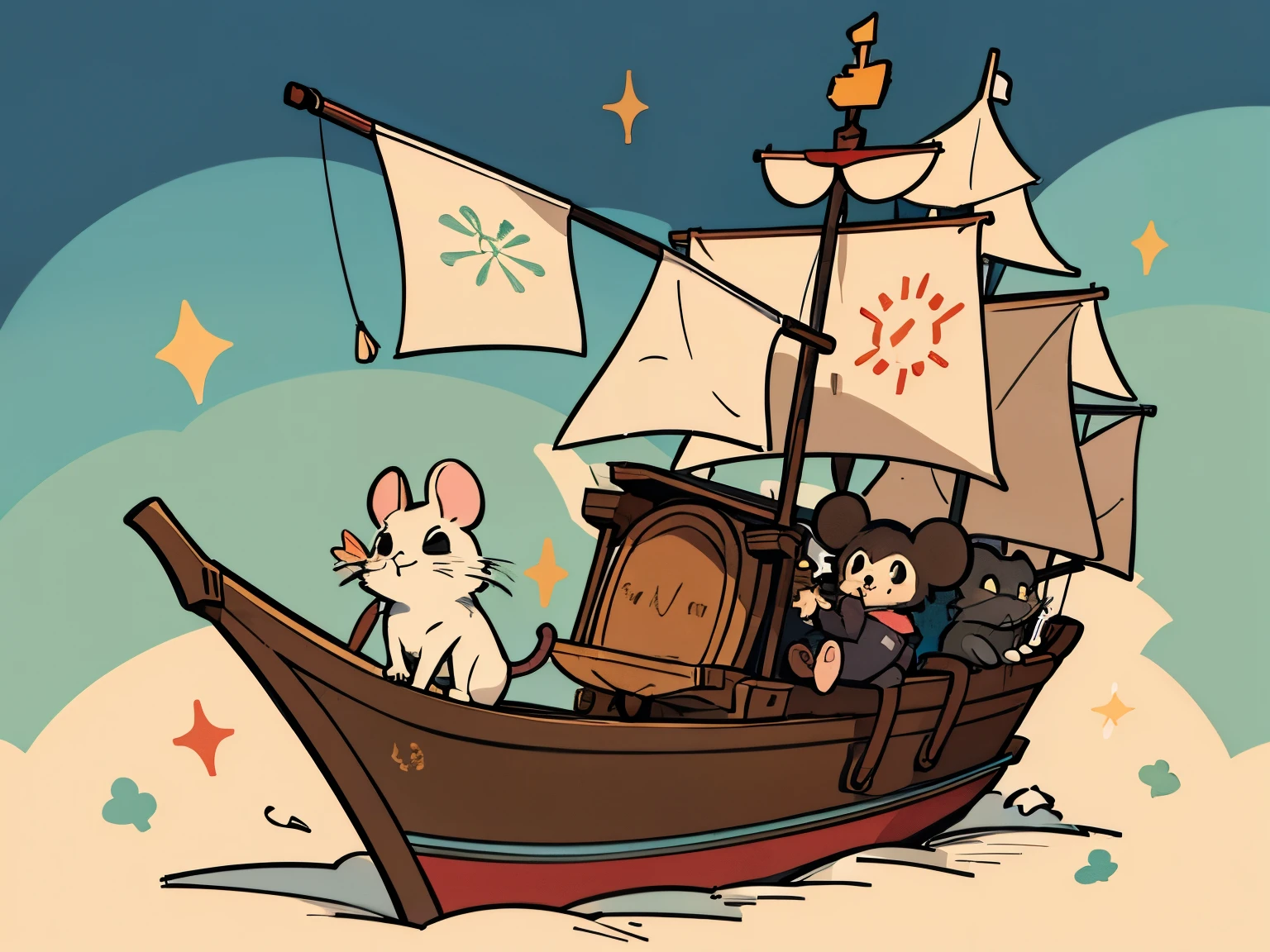 mouse on a tiny paper ship, illustration for a children's book