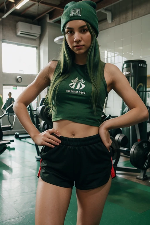 1girls, nur, gym, green hair, Beanie, shirt, shorts, drinnen,