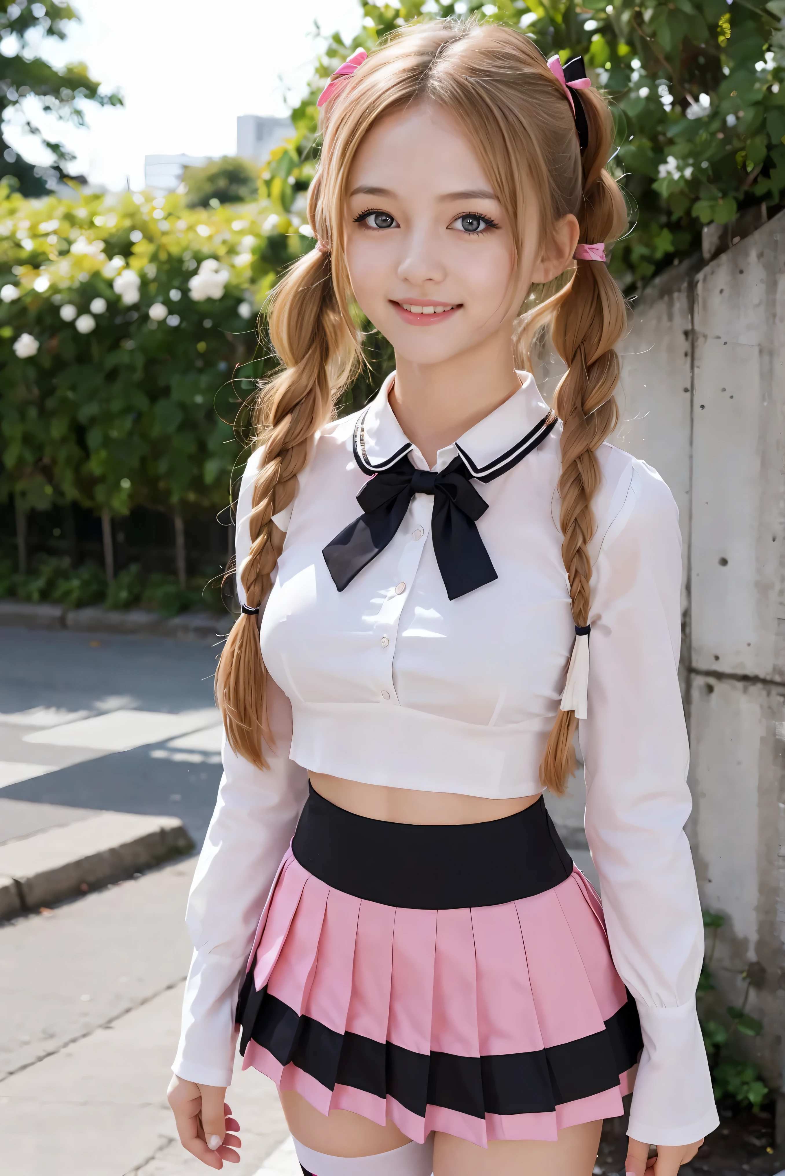 (Best Quality,4K,High resolution:1.2), Ultra-detailed, Realistic portrait, Best Quality, (outside japanese high school), (passionate scene),one high school, (intense emotion), (carp), (kiss:1.1), , (open eyes),(innocent look), student clothes, long blonde hair with bows and ribbons、Mini Pleated Skirt、(Stockings), standing, open mouth, big breasts, lingerie, pigtails, thin tiny waist, black and pink marching band uniform with bow, having fun, small body, big blue eyes, big cute smile, (full body, perfect long legs, looking up staring into camera, far away), muscular lean abs