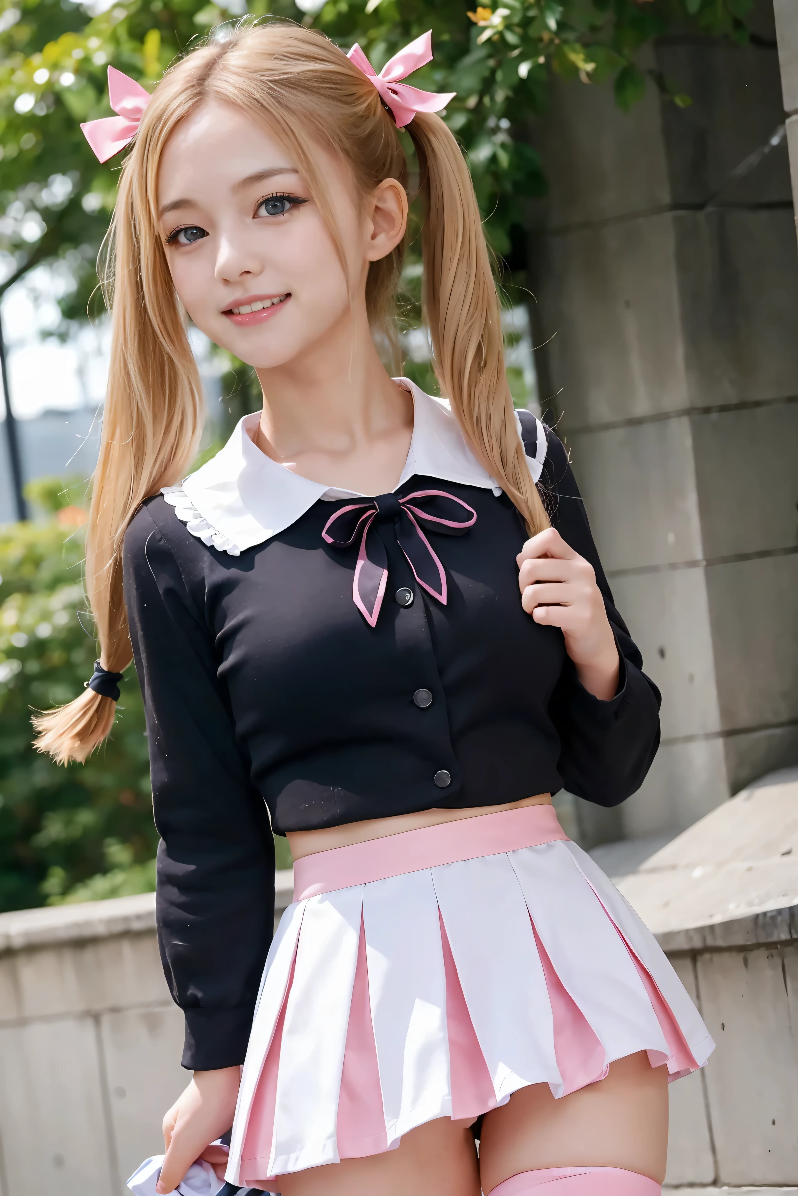 (Best Quality,4K,High resolution:1.2), Ultra-detailed, Realistic portrait, Best Quality, (outside japanese high school), (passionate scene),one high school, (intense emotion), (carp), (kiss:1.1), , (open eyes),(innocent look), student clothes, long blonde hair with bows and ribbons、Mini Pleated Skirt、(Stockings), standing, open mouth, (very big breasts), lingerie, pigtails, thin tiny waist, black and pink marching band uniform with bow, having fun, small body, big blue eyes, big cute smile, (full body, perfect long legs, looking up staring into camera, far away), muscular lean abs, (tight cropped blouse)