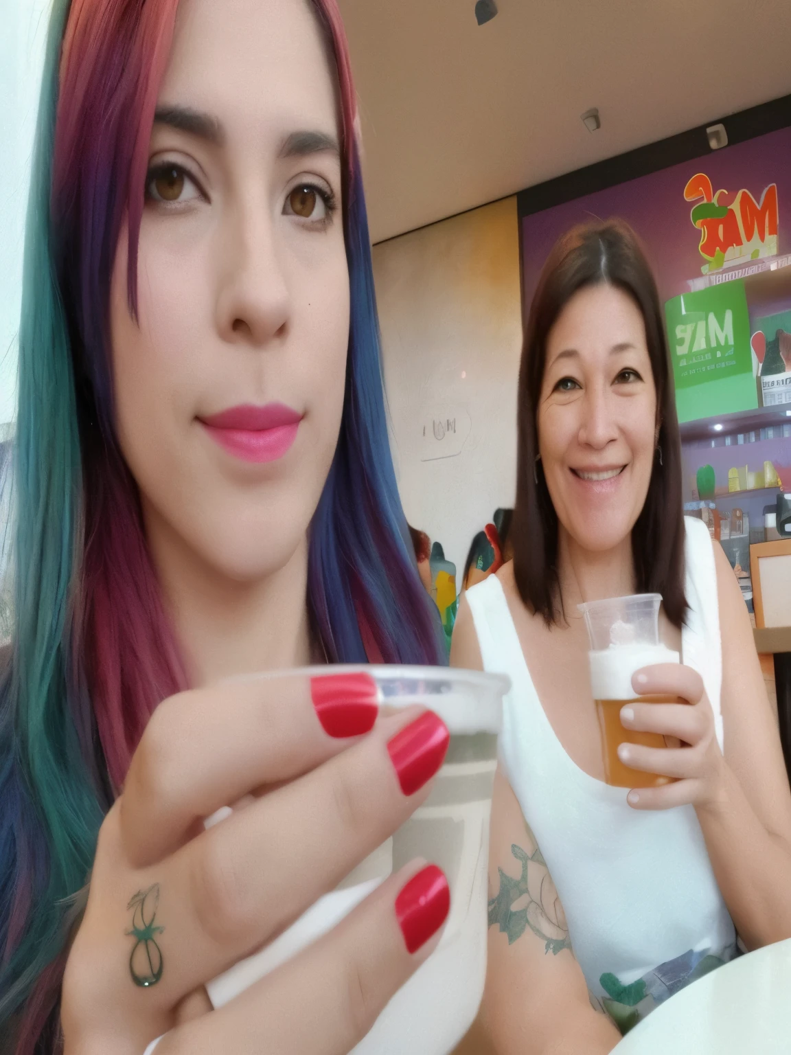 There are two women sitting at a table with drinks in their hands, imagem de perfil, drinking an iced strawberry latte, com uma bebida, segurando uma bebida, usando tatuagens de shipibo, Leslie David e Lisa Frank, enjoying coffee at a coffee shop, em um bar, em um bar, Foto do perfil, Loputyn e matcha, Ayahuasca