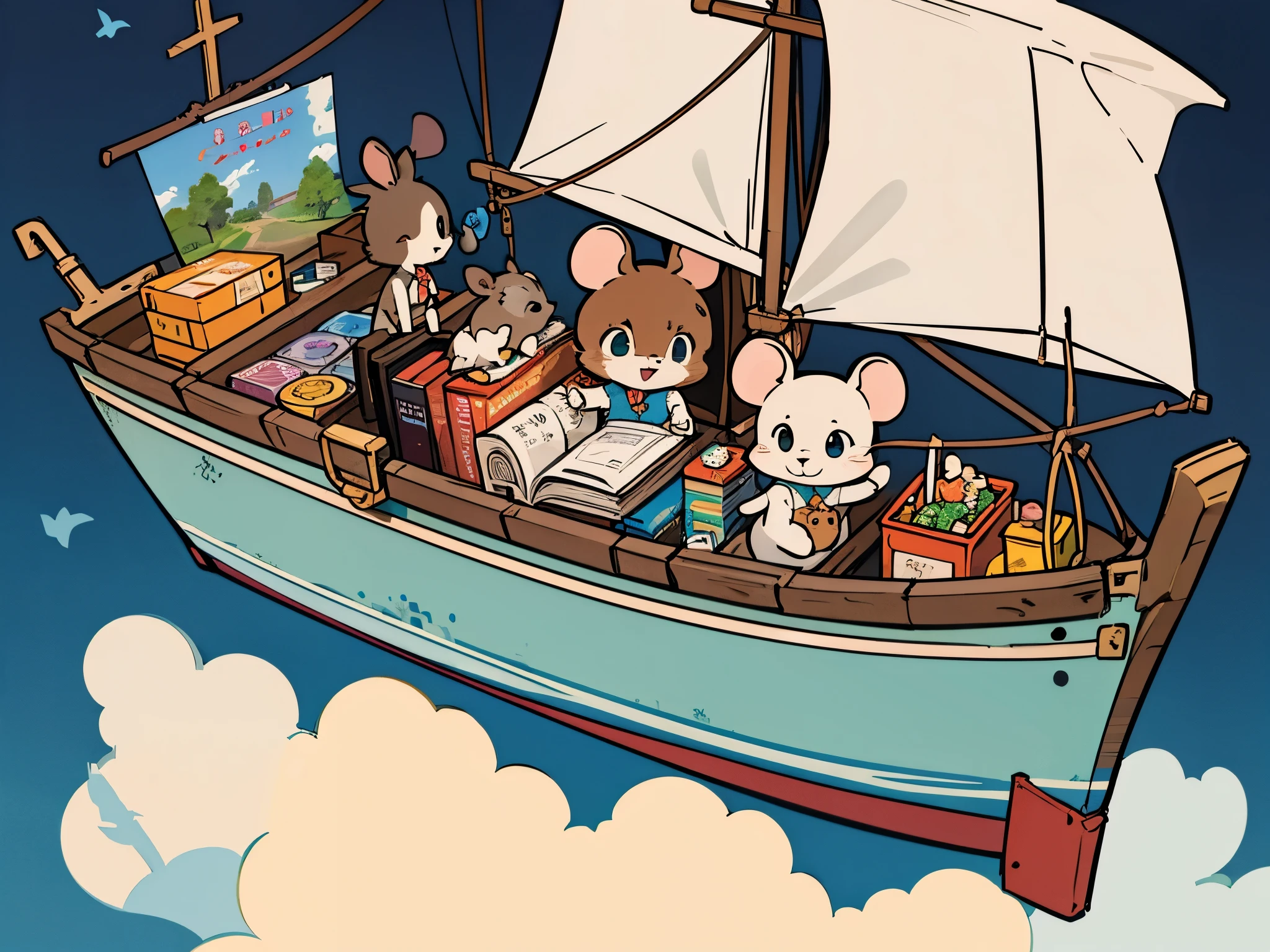 mouse on a tiny paper ship, illustration for a children&#39;s book