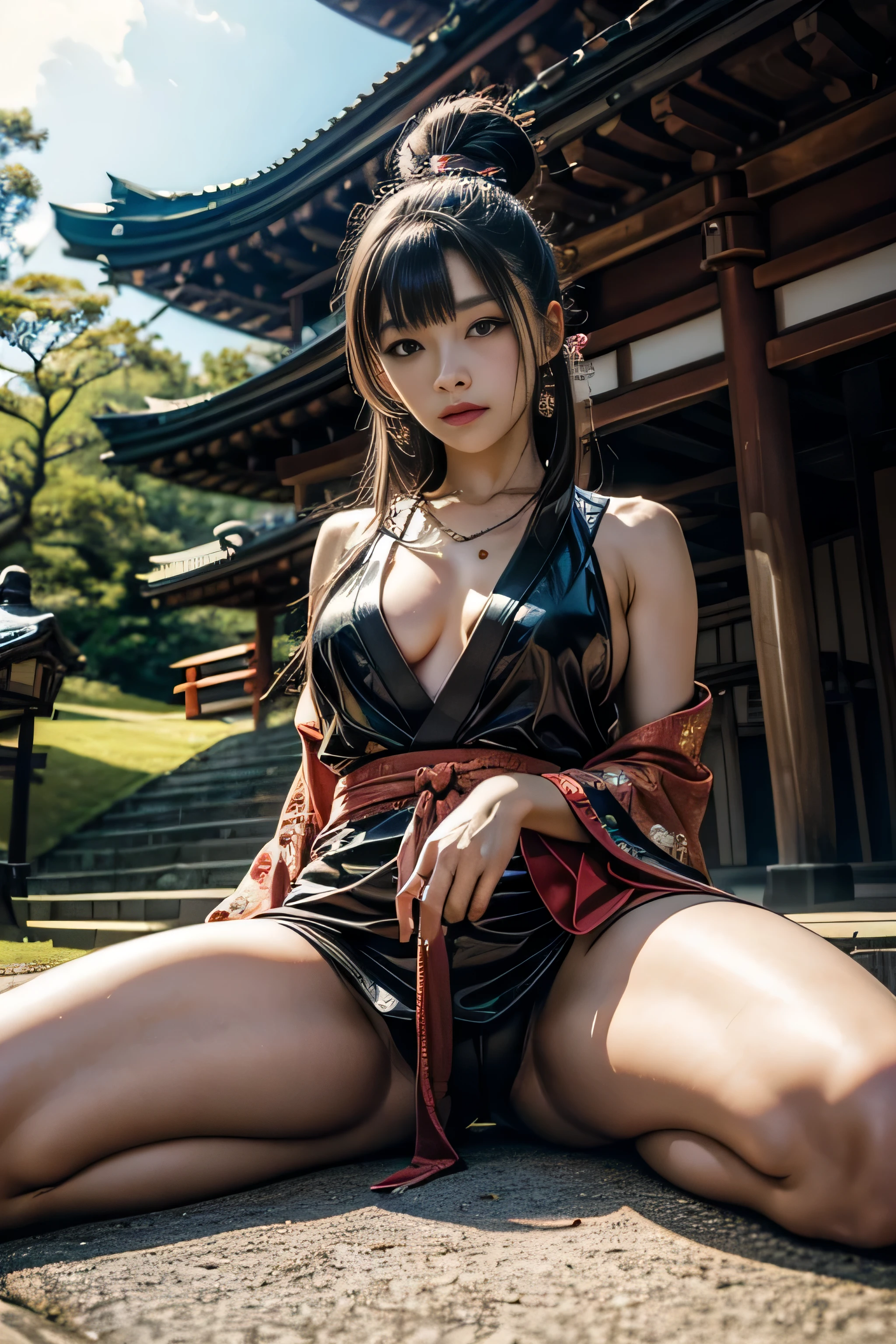 (Japan around 1700:1.5)、1 female、(Super beautiful)、(beautiful face:1.5)、Kunoichi、(Ninja outfit:1.4)、(Clothes:2)、bare legs、spread your legs、In front of a fallen temple、(At SFW:2)