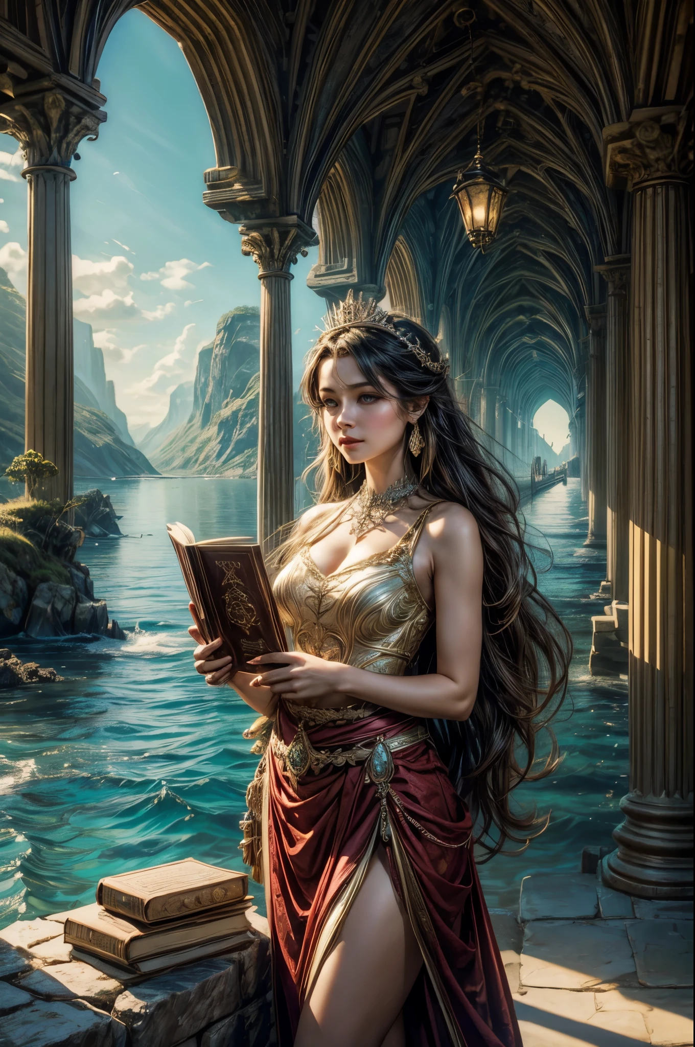 "A realistic photograph of a girl, adorned in enchanting attire, holding an ancient-looking book against the backdrop of a serene seascape. The magic in the air is palpable, accentuated by the soft play of light and shadow. The image merges fantasy and reality, making it an ideal cover for a magical adventure novel."