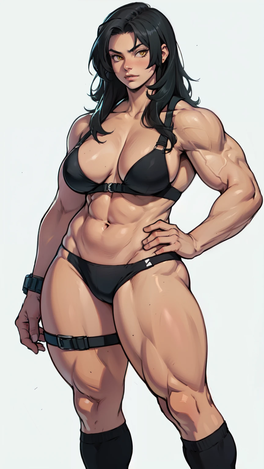 girl solo standing (((muscular girl toned body large breasts thick))) yellow eyes black hair pale skin perfect anatomy perfect anatomy perfect anatomy best quality best quality