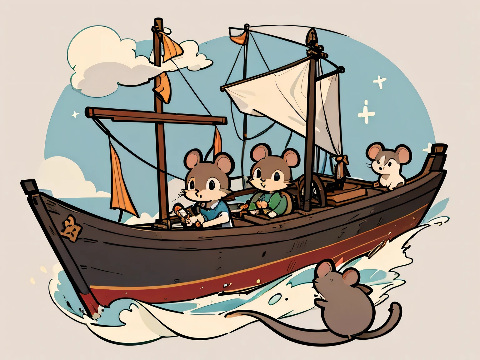 mouse on a tiny paper ship, illustration for a children's book