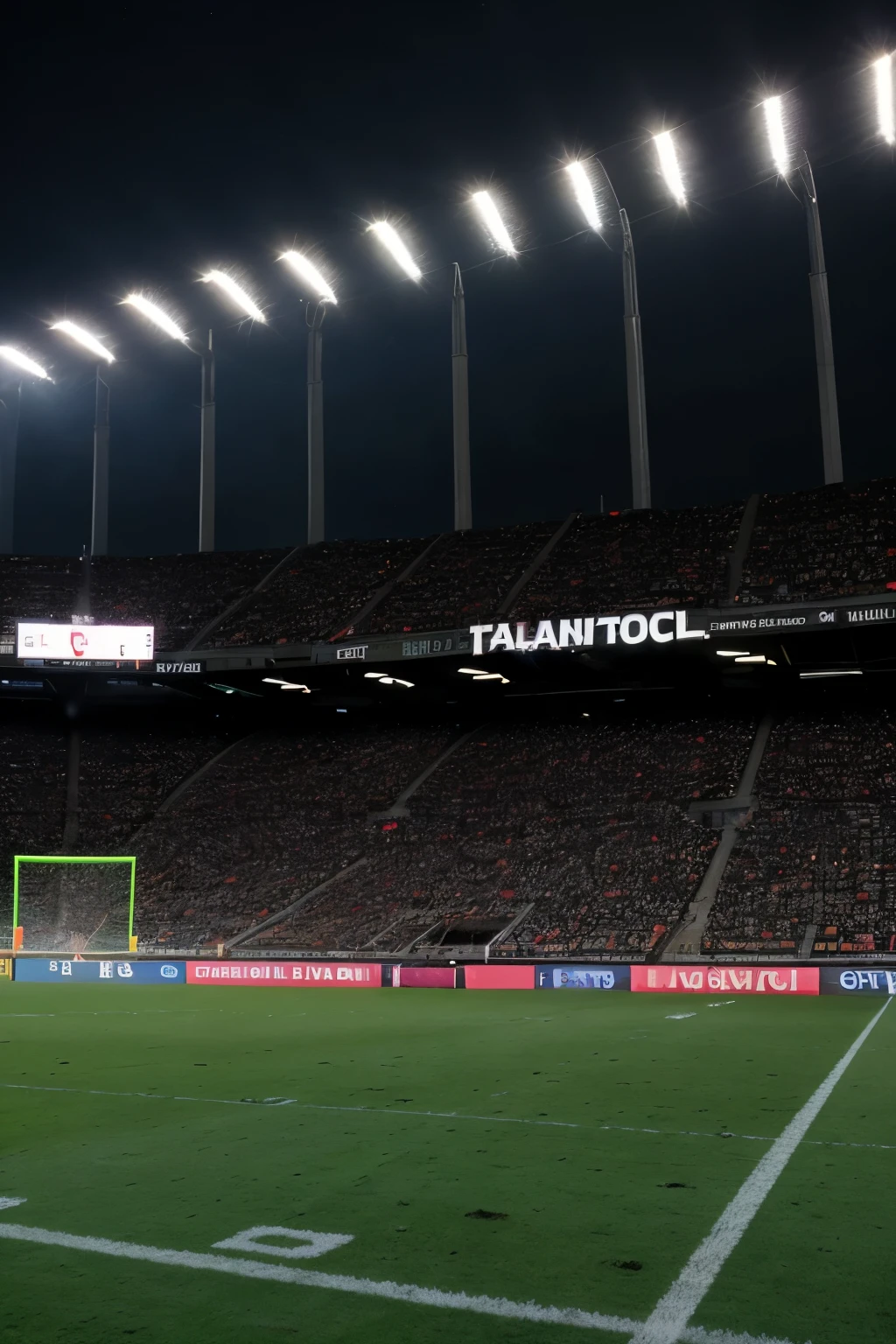estadio de football, vacio, de noche con luces, primer plano