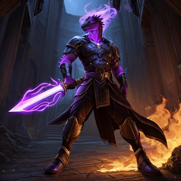 Ultra realistic, hyperrealistic, highly detailed scale texture, lizardfolk, green scales, glowing purple eyes, glowing purple scales, wearing leather armour, holding purple flame sword, dungeon background, glowing magic effects,