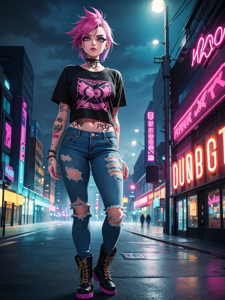 alternative girl,illustration,bright hair,colorful tattoos,piercings,grunge style,edgy makeup,distressed jeans,band t-shirt,vintage boots,fierce expression,confident pose,foggy background,city skyline,neon lights,dark and moody colors,soft ambient lighting