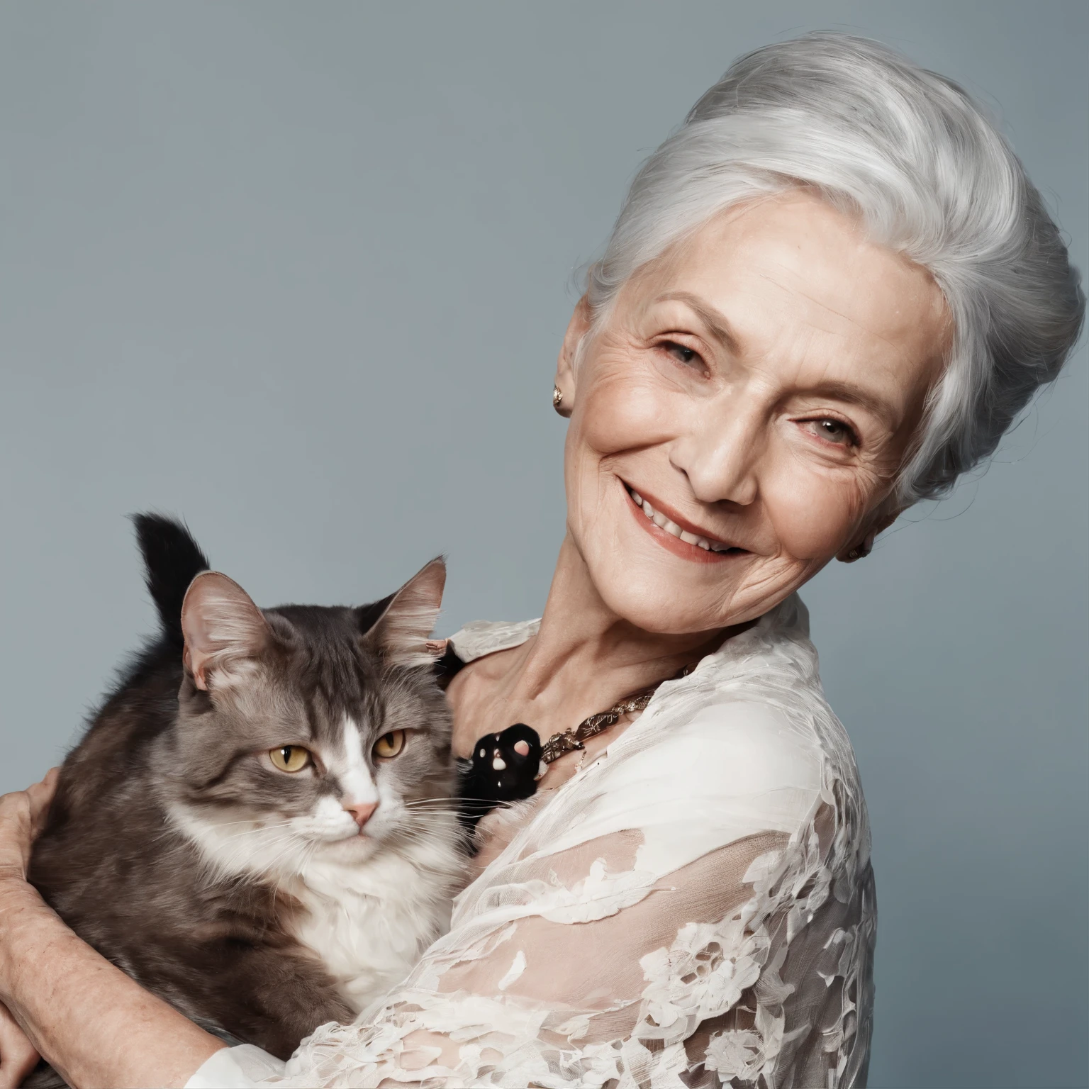 1woman, old grandmother, smiling, holding a cat