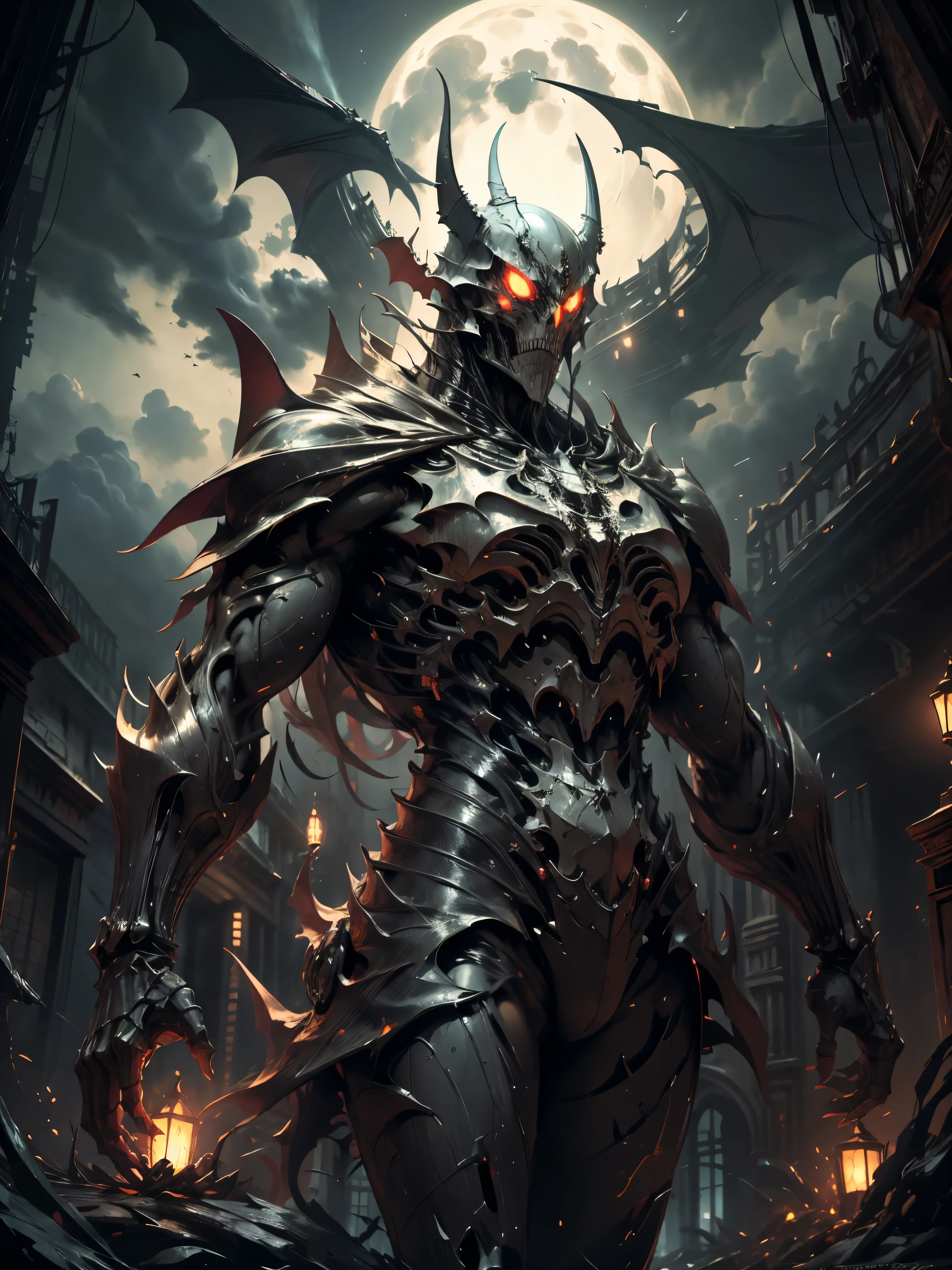 Stunning illustration, zombie Bat-Man emerges from the darkness with a skeletal, decomposed figure, wrapped in his iconic red and blue suit, ahora desgastado y desgarrado. Their pale, decomposed skin shows visible bones in some areas, while muscles, mostly consumed, apenas sostienen su estructura. Sus ojos, una vez vivaces, now they are empty and opaque, surrounded by dark circles that accentuate their macabre nature.El traje, manchado de sangre seca y mugre, cuelga de su cuerpo en jirones, revelando hueso y carne muerta en varios puntos. Aunque su aspecto es espeluznante, Arachnid agility is still discernible in its hunched posture and in the remains of cobwebs clinging to its body..paisaje nocturno y siniestro, con una luna llena brillante pero distorsionada, rodeada de nubes ominosas y tormentosas. Faint rays of light filter through the clouds, bathing the zombie Bat-Man in spectral illumination.