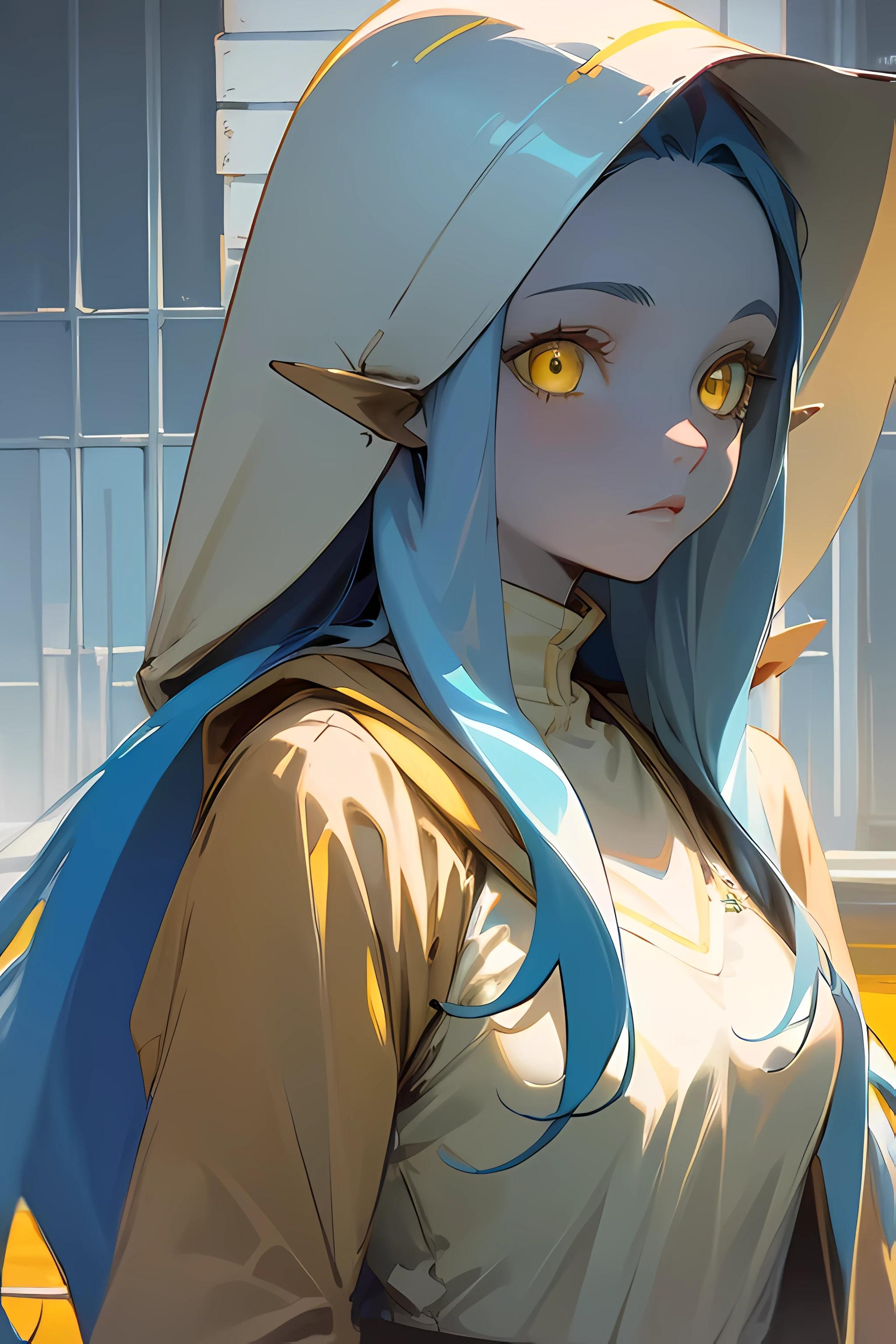 ((best quality)), ((masterpiece)), (detailed), ((perfect face)),1 girl, ((long blue hair, yellow eyes:2)), white long hooded dress, hooded dress, standing , (detailed sunlight:1.2), (outside:1:3), (slow build, detailed:2)