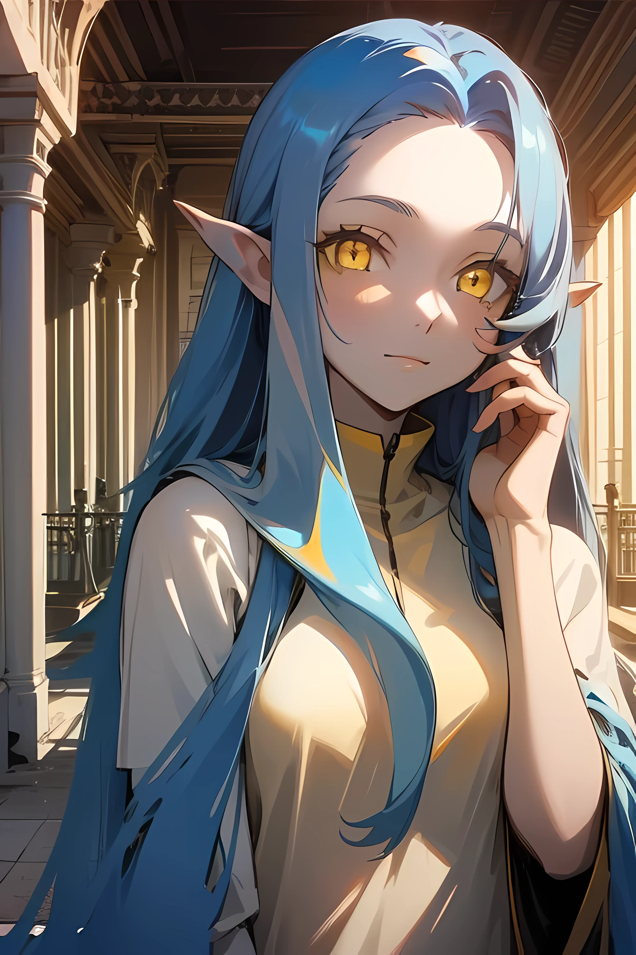 ((best quality)), ((masterpiece)), (detailed), ((perfect face)),1 girl, ((long blue hair, yellow eyes:2)), white long hooded dress, hooded dress, standing , (detailed sunlight:1.2), (outside:1:3), (slow build, detailed:2)