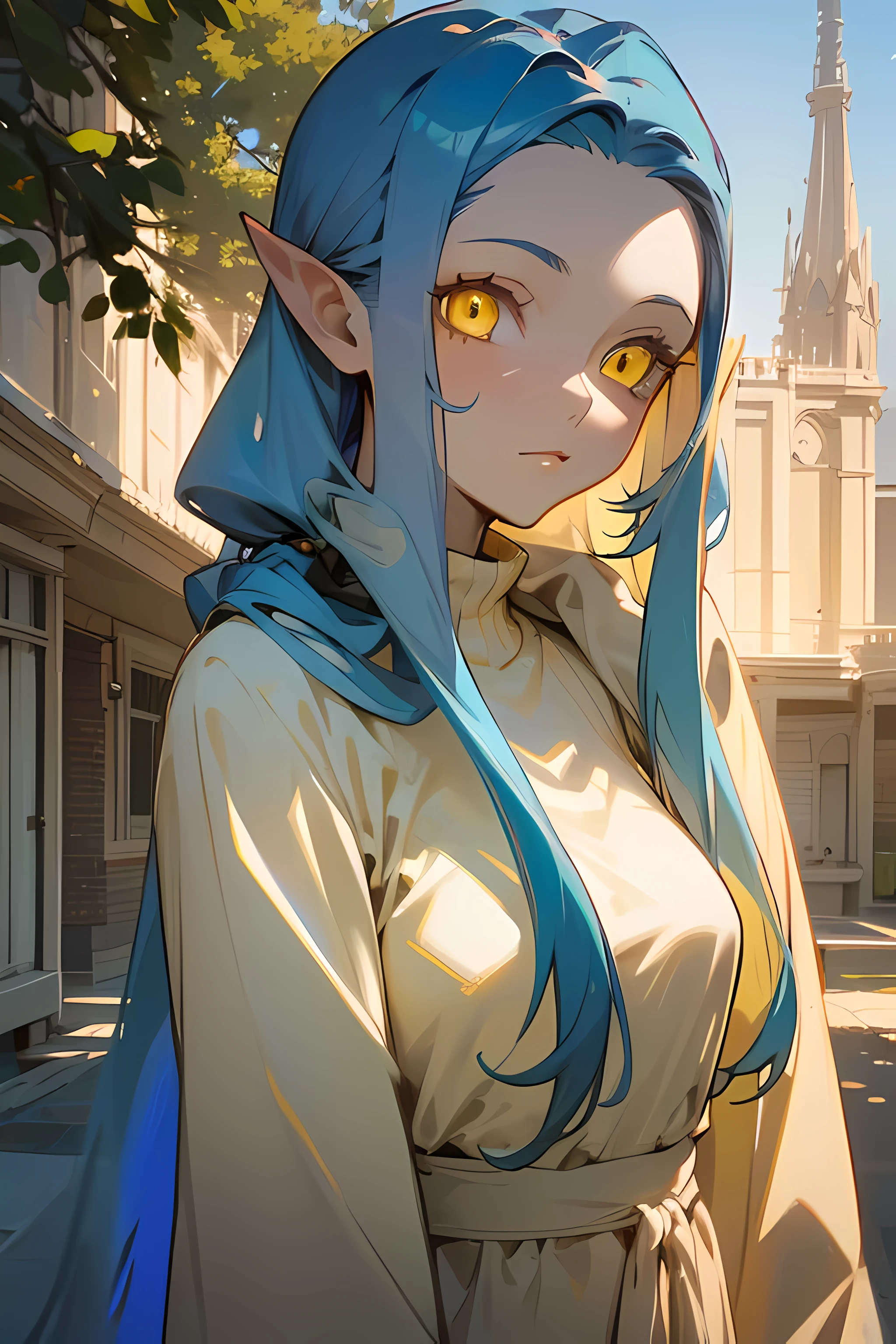 ((best quality)), ((masterpiece)), (detailed), ((perfect face)),1 girl, ((long blue hair, yellow eyes:2)), white long hooded dress, hooded dress, standing , (detailed sunlight:1.2), (outside:1:3), (slow build, detailed:2)