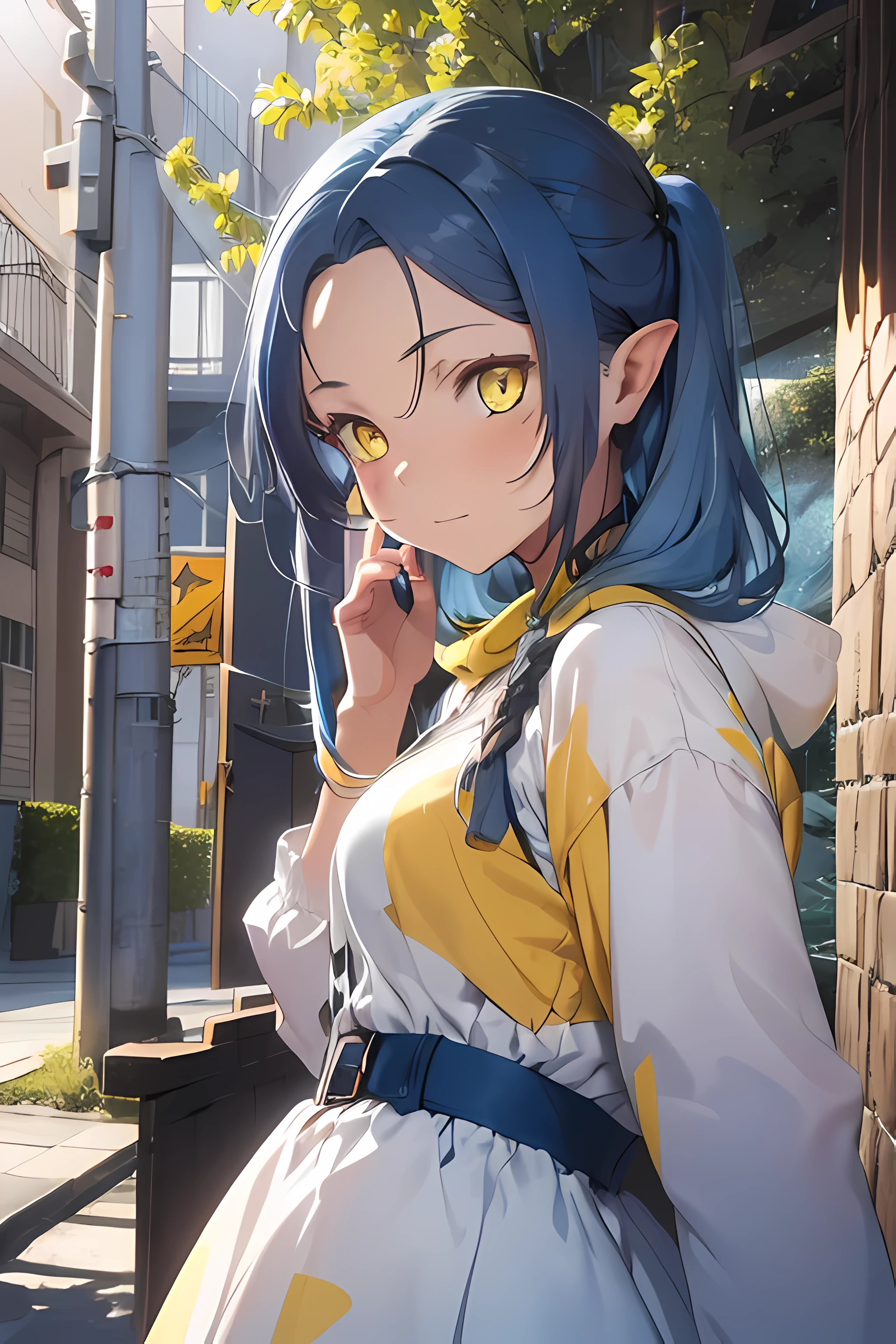 ((best quality)), ((masterpiece)), (detailed), ((perfect face)),1 girl, ((long blue hair, yellow eyes:2)), white long hooded dress, hooded dress, standing , (detailed sunlight:1.2), (outside:1:3), (slow build, detailed:2)