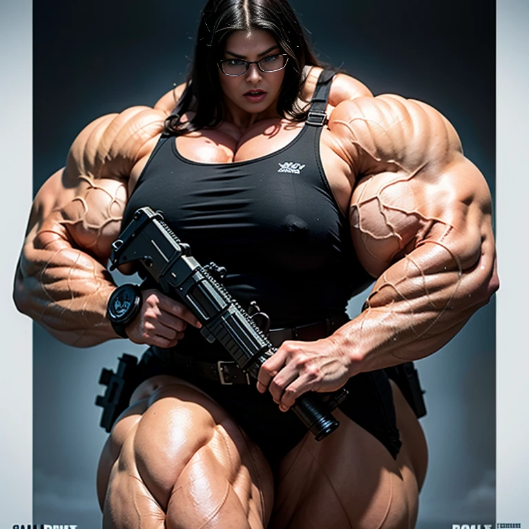 A Call of Duty poster of a beautiful, huge, enormous, buff, giant, single Female bodybuilder, muscle goddess, huge arms and huge legs, giant boobs, enormous muscles, big beautiful eyes, with long dark hair, wearing reading glasses, holding an assault rifle, machine gun, photorealistic