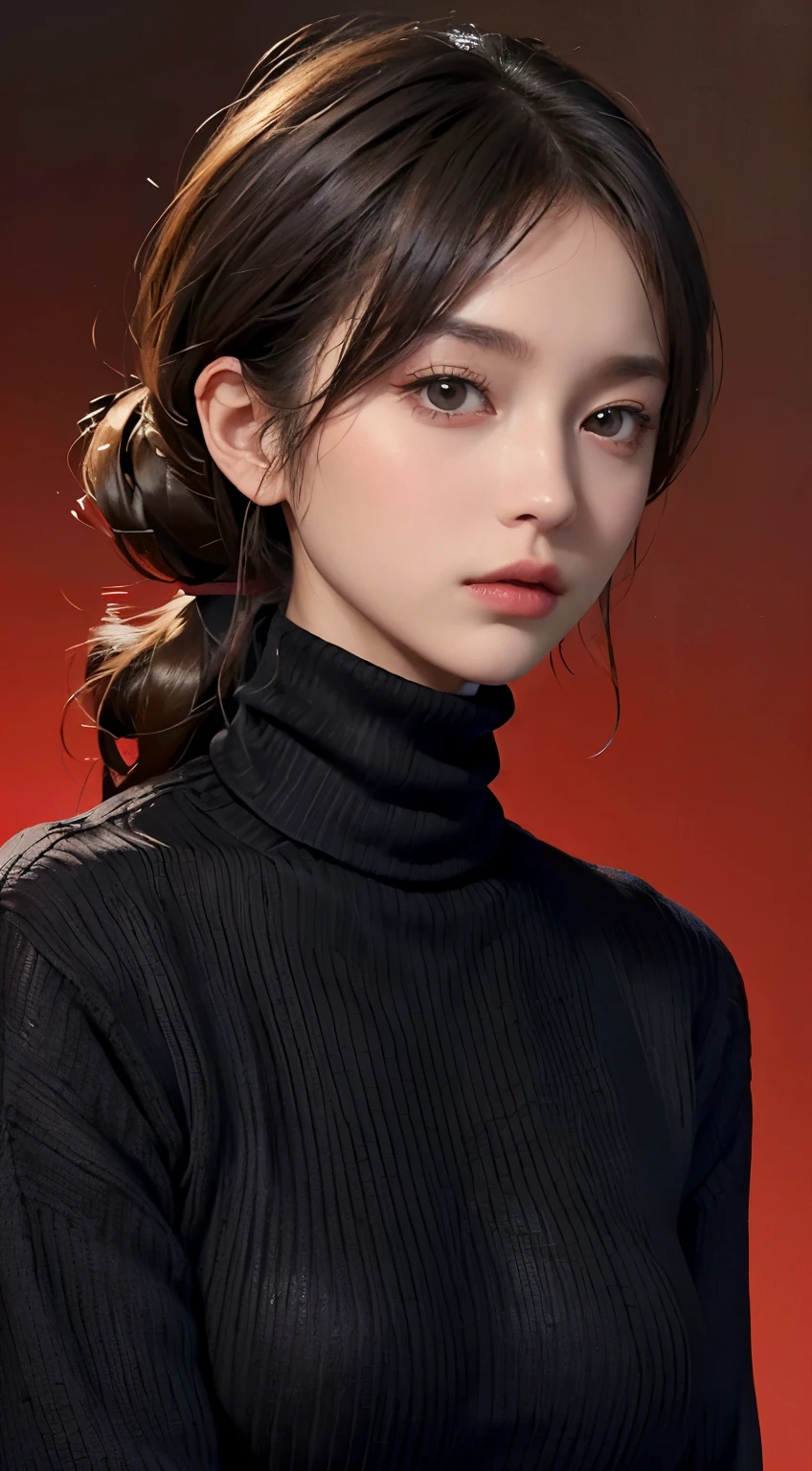 ((best quality, 8k, masterpiece: 1.3)),1girl, ((turtleneck, black sweater, background, red background)) 、微かに微笑む、