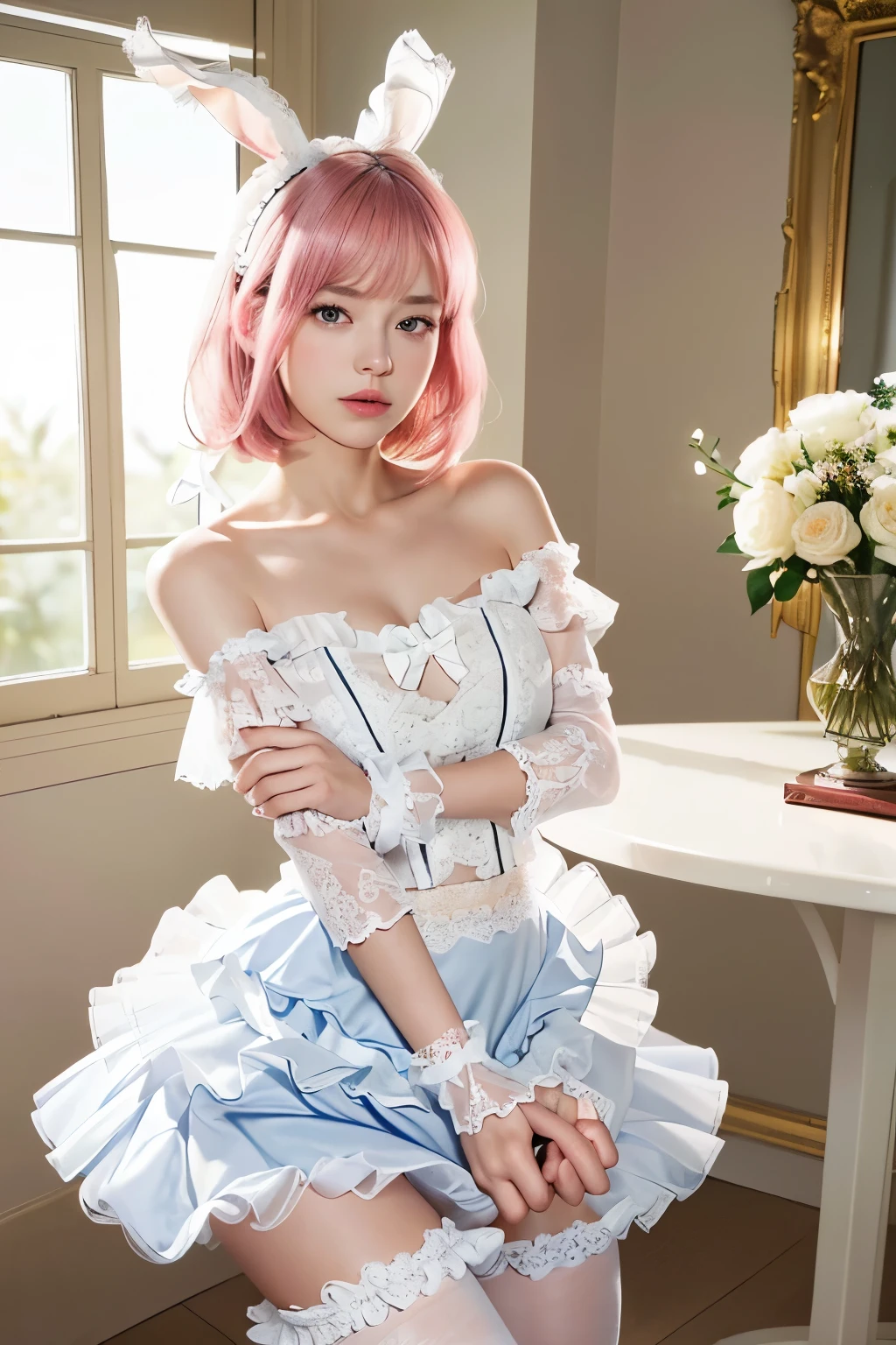 (8K, top-quality, masterpiece:1,2), (reallistic, Photorealsitic:1.37), Super Detail, One girl,), (Highly detailed), (beautifully detailed eyes), (of the highest quality), (super detailed ), (masterpiece), (Detailed face),20yr old, ,1 girl, full body, pink hair,Very short hair, medium breasts, clothed, Perfect Lighting, pussy and breast focus, looking at viewer, aroused face, naughty face, , ((bare shoulders, no Sleeve):1.3), (white ribbon bow:1.3), (bare arms:1.4), ((lace and tulle Layered skirt with ruffles, crinoline):1.3), (white stockings with floral-lace:1.3), (sheer white lace evening gloves:1.2), (white high heels:1.1), ((bunny girl, bunny girl ears))