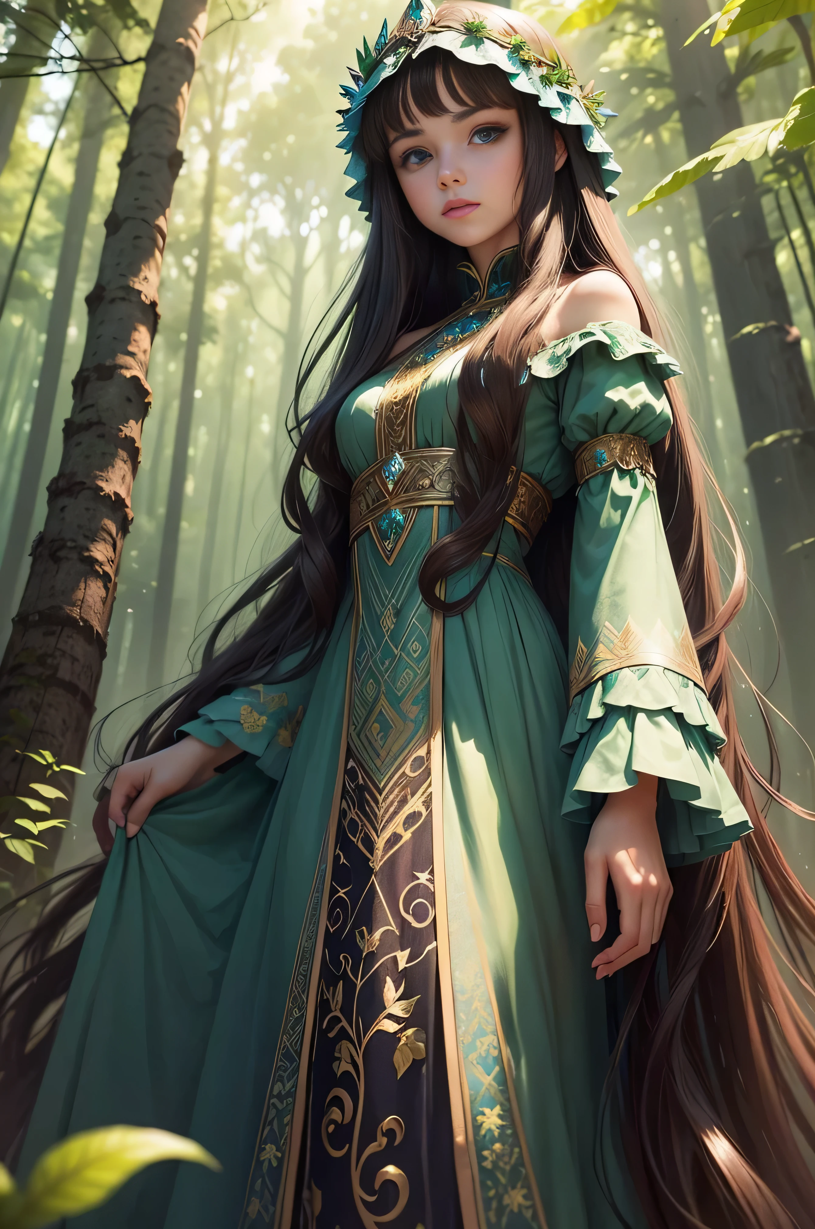 Beautiful young girl nemed (((crystallia1))). Long brown hair. Penetrating blue eyes like crystals. Covered green lips are the same color as the leaves of the forest trees. long dress. Standing in the middle of a mysterious forest.