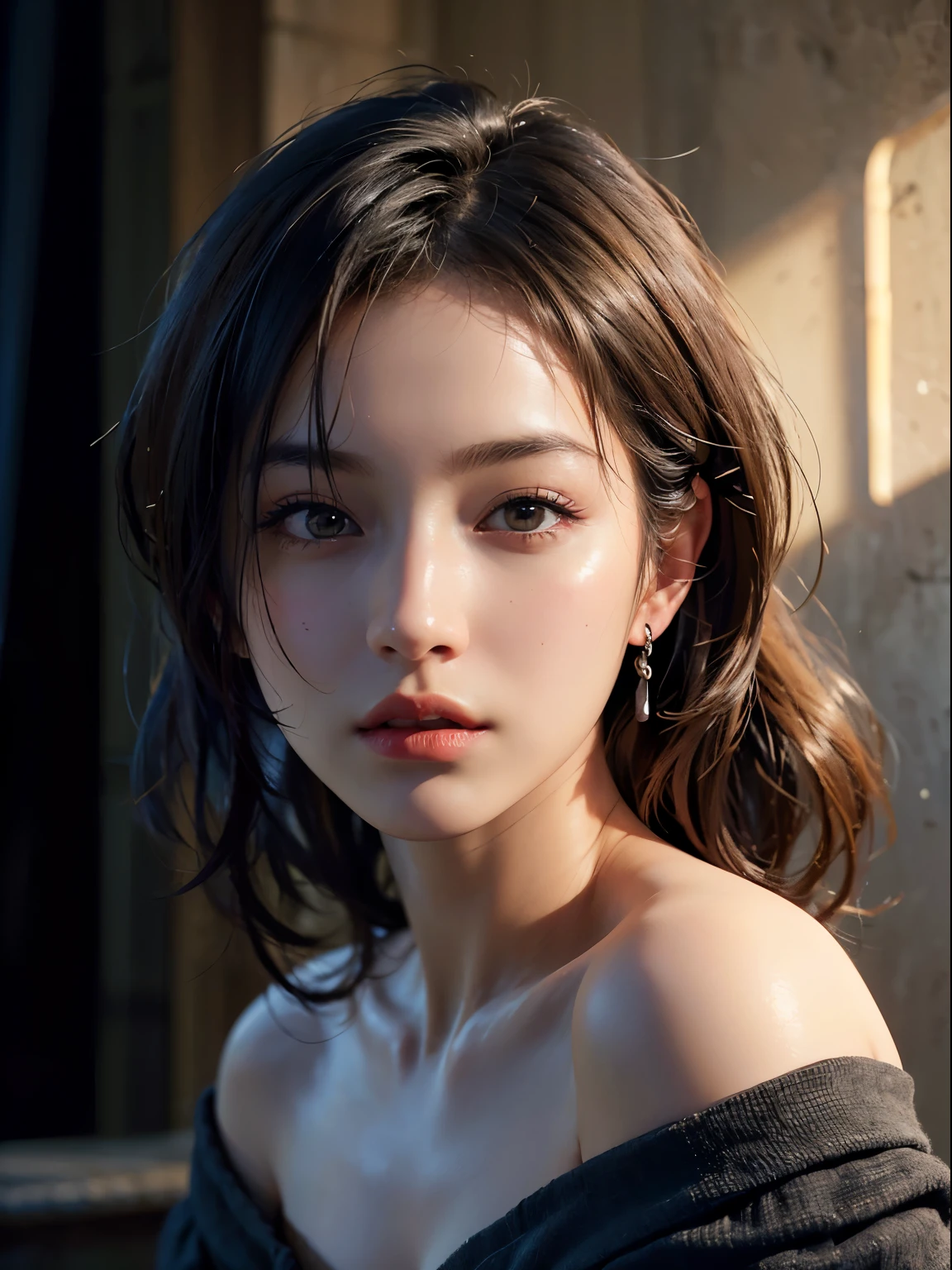 (best quality,masterpiece,ultra high res,(photorealistic:1.4),raw photo,1girl,offshoulder,in the dark,deep shadow,low key,cold light)
