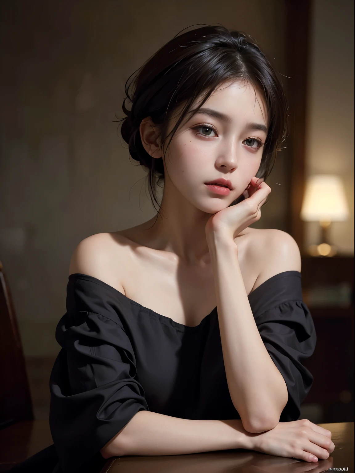 (best quality,masterpiece,ultra high res,(photorealistic:1.4),raw photo,1girl,offshoulder,in the dark,deep shadow,low key,cold light)