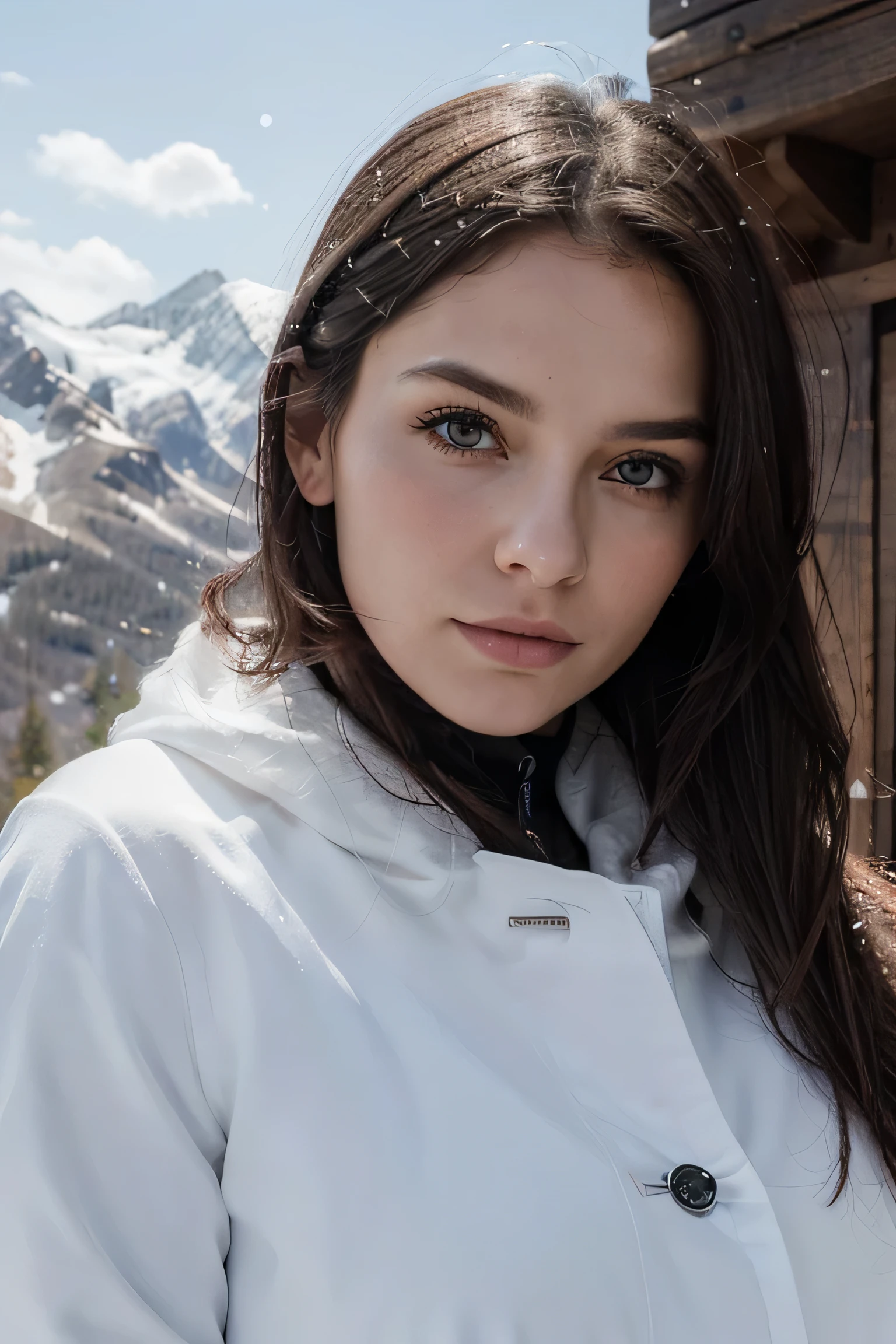 (8 Tausend, Rohfoto, highest quality), beautiful girl, snow, mountain, (Detaillierte Augen:0.8), Trotz512, (highest quality), (bester Schatten), Komplizierte Details, Innere, rote Haare:1.3, Sommersprossen