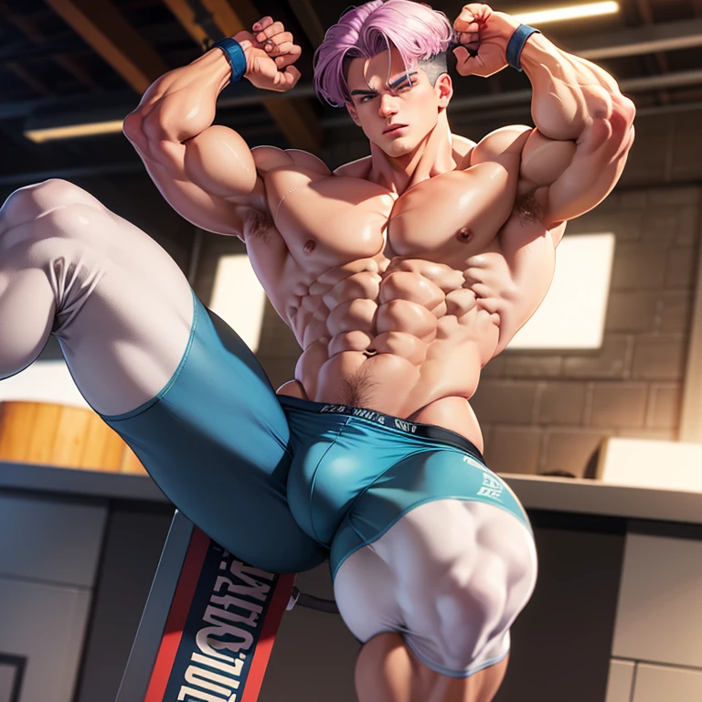(Eine detaillierte Zeichnung von Trunks, bodybuilding gym.), shirtless, huge muscle Body, Big Bizeps, Big shoulders, muscukar legs,abs, barefoot, his muscles are so big that they tear his shirt
