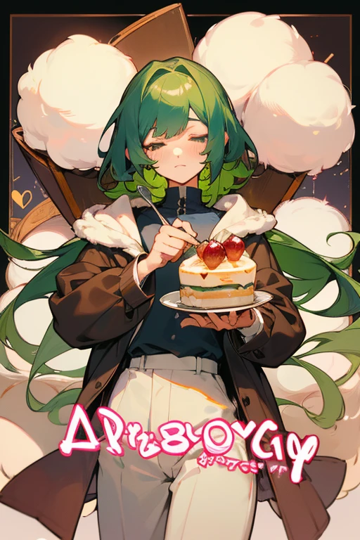 (Masterpiece: 1.5, better quality, high resolution: 1.3, Super resolution, super detailed, ultra detailed: 1.3, Rico background: 1.2, 1 boy)) Pale skin + green lime hair + long hair + closed eyes + long eyelashes + Heart bangs + tufts that frame the face + mild blog + Androgino body + flat chest + medium hips (jacket with fluff in hood With eyes closed, holding a dessert and a spoon) (colors for clothing: white, brown, pink, dark blue, cream)