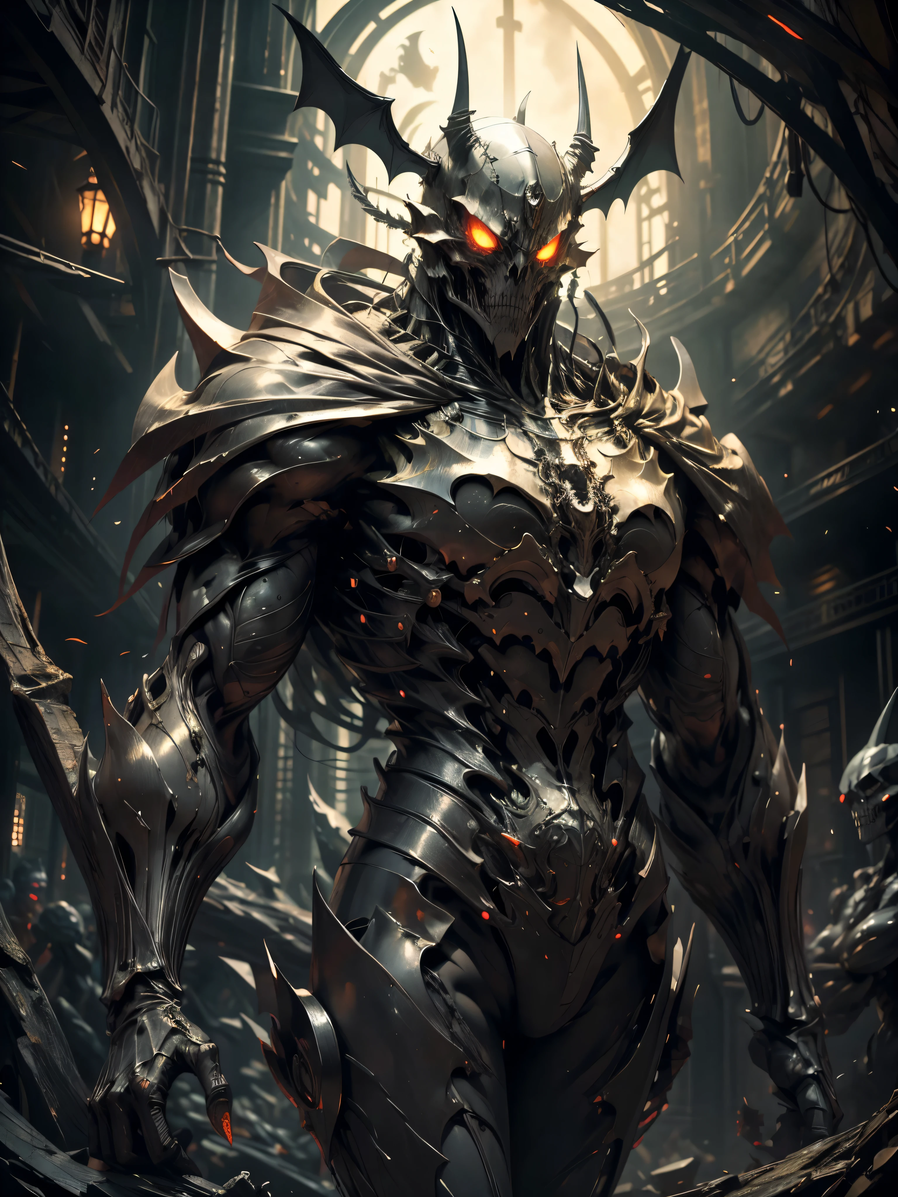 Stunning illustration, zombie Bat-Man emerges from the darkness with a skeletal, decomposed figure, wrapped in his iconic Black suit, ahora desgastado y desgarrado. Their pale, decomposed skin shows visible bones in some areas, while muscles, mostly consumed, apenas sostienen su estructura. Sus ojos, una vez vivaces, now they are empty and opaque, surrounded by dark circles that accentuate their macabre nature.El traje, manchado de sangre seca y mugre, cuelga de su cuerpo en jirones, revelando hueso y carne muerta en varios puntos. Aunque su aspecto es espeluznante, Arachnid agility is still discernible in its hunched posture and in the remains of cobwebs clinging to its Black body..paisaje nocturno y siniestro, con una luna llena brillante pero distorsionada, rodeada de nubes ominosas y tormentosas. Faint rays of light filter through the clouds, bathing the zombie Black Bat-Man in spectral illumination.
