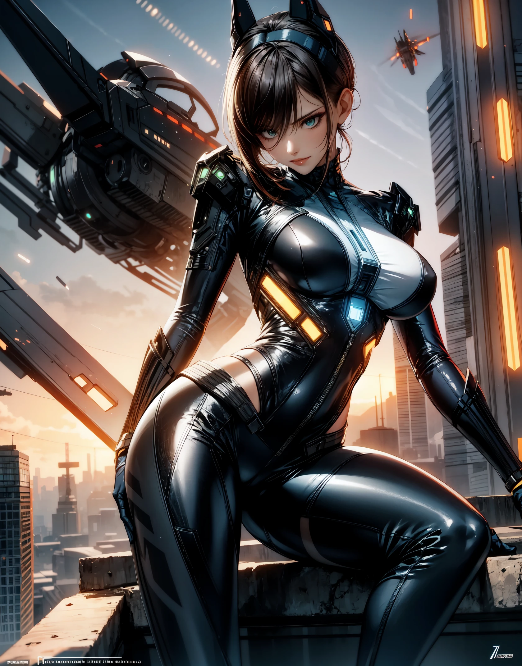 ((Masterpiece in high definition)), retro-futuristic style with steampunk elements. | In this sci-fi_futuristic scenario, a fearless woman advances with confidence through the urban environment. His futuristic jumpsuit, ornamented with pulsating light lines, highlights the harmony between technological aesthetics and his determination in the fight for nature. The cover displays rebellious symbols, emphasizing his role as a leader. The cyber mask enhances your determined eyes as it approaches the imposing energy tower. The metal structure, dominating the horizon, emanates intense light and technological activity, while the woman prepares to challenge the corporation and restore the balance between technology and nature in the floating city. | The composition enhances the determined attitude of the woman, with the cyber mask highlighting her expressive eyes. The intense lighting of the energy tower creates an atmosphere of challenge, highlighting the battle between technological and natural elements. | Futuristic scene of a fearless woman challenging a corporation in a floating city, highlighting the harmony between technological aesthetics and the struggle for nature. | {The camera is positioned very close to her, revealing her entire body as she adopts a dynamic_pose, interacting with and leaning on a structure in the scene in an exciting way} | ((perfect_pose):1), She is adopting a ((dynamic_pose as interacts, boldly leaning on a structure, leaning back in a dynamic way):1.3), ((full body)), ((hands_with_5_fingers):1), ((perfect_fingers):1), ((perfect_legs):1), better_hands, More_Detail.