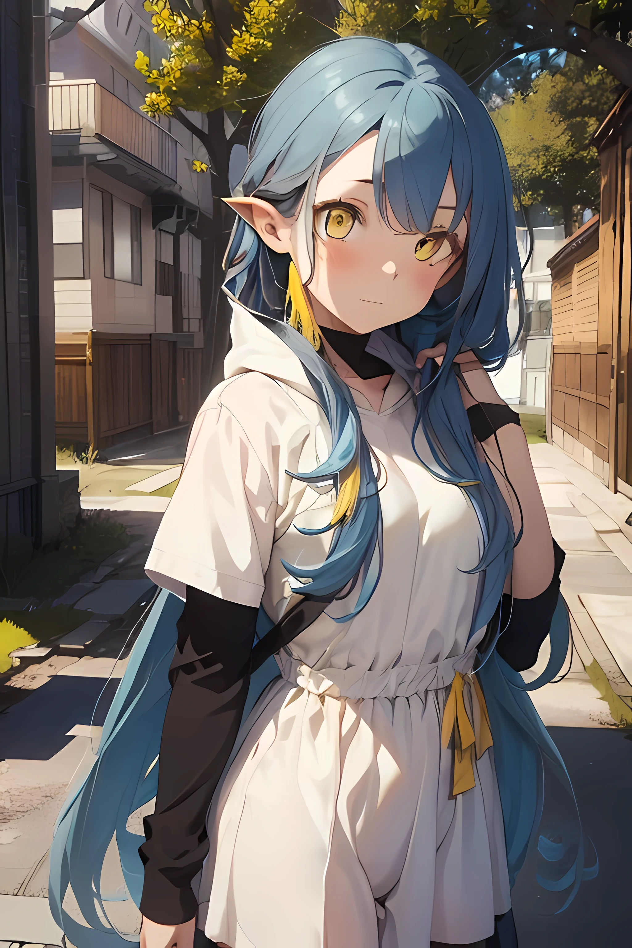 ((best quality)), ((masterpiece)), (detailed), ((perfect face)),1 girl, ((long blue hair, yellow eyes:2)), white long hooded dress, hooded dress, standing , (detailed sunlight:1.2), (outside:1:3), (slow build, detailed:2)