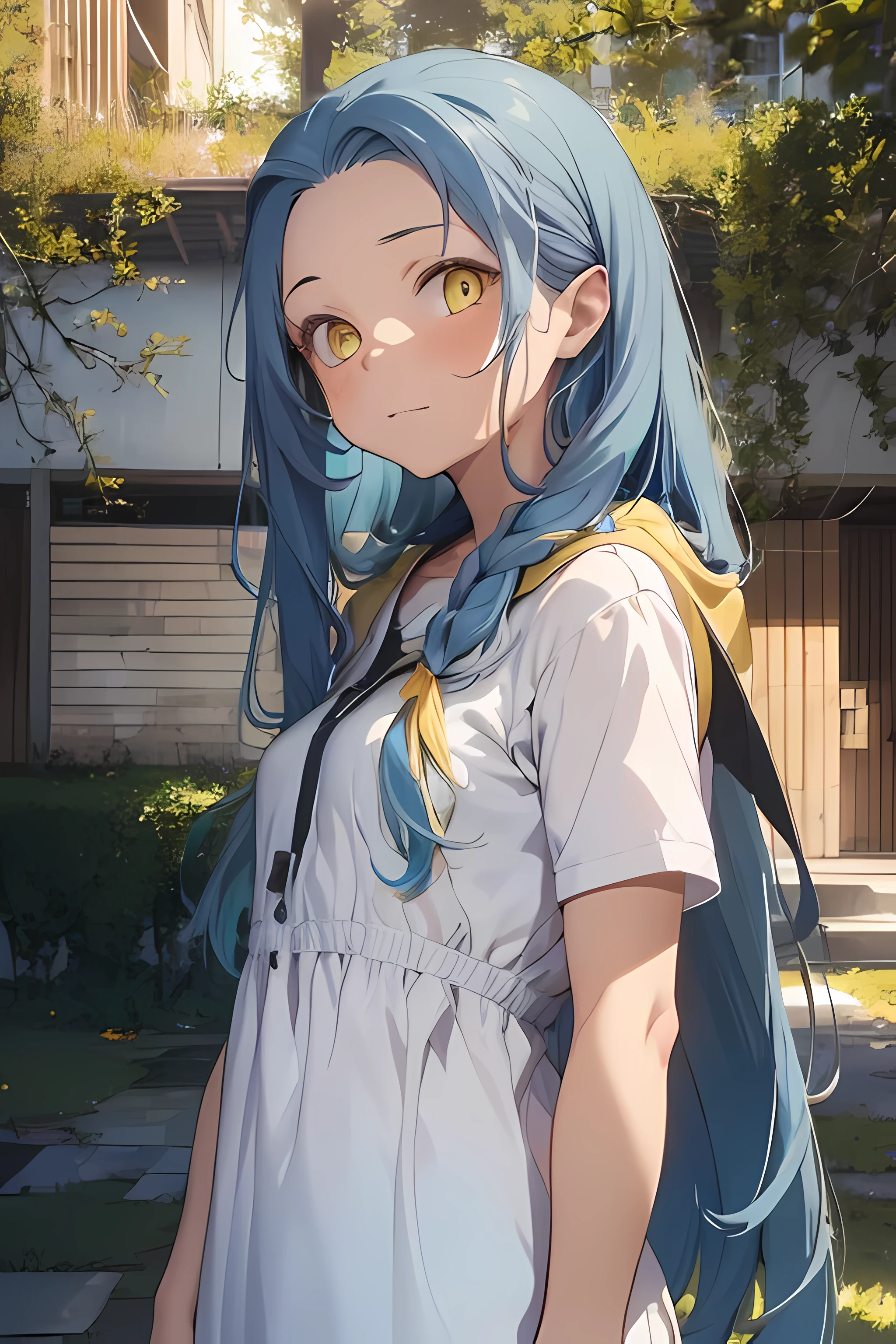 ((best quality)), ((masterpiece)), (detailed), ((perfect face)),1 girl, ((long blue hair, yellow eyes:2)), white long hooded dress, hooded dress, standing , (detailed sunlight:1.2), (outside:1:3), (slow build, detailed:2)