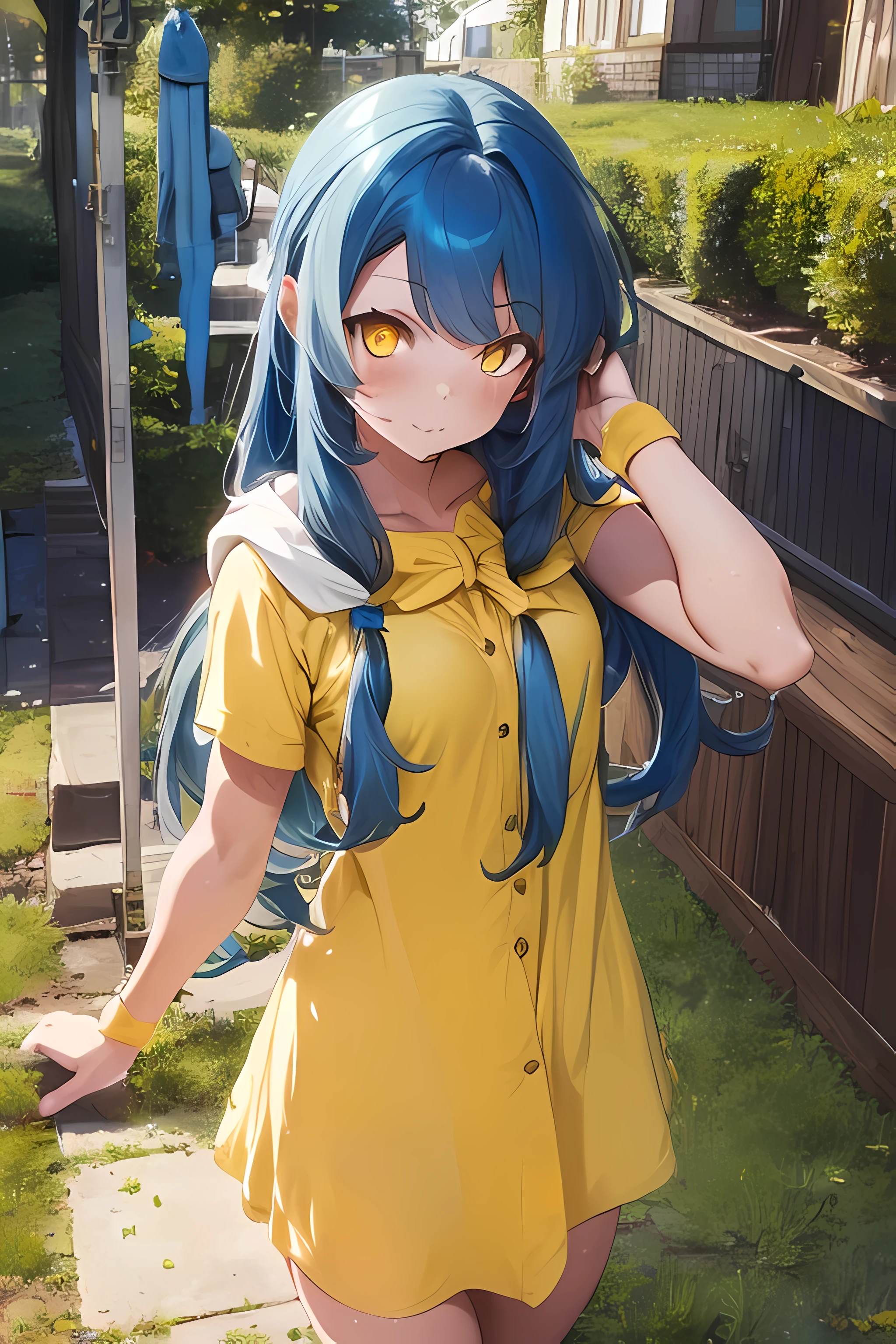 ((best quality)), ((masterpiece)), (detailed), ((perfect face)),1 girl, ((long blue hair, yellow eyes:2)), white long hooded dress, hooded dress, standing , (detailed sunlight:1.2), (outside:1:3), (slow build, detailed:2)