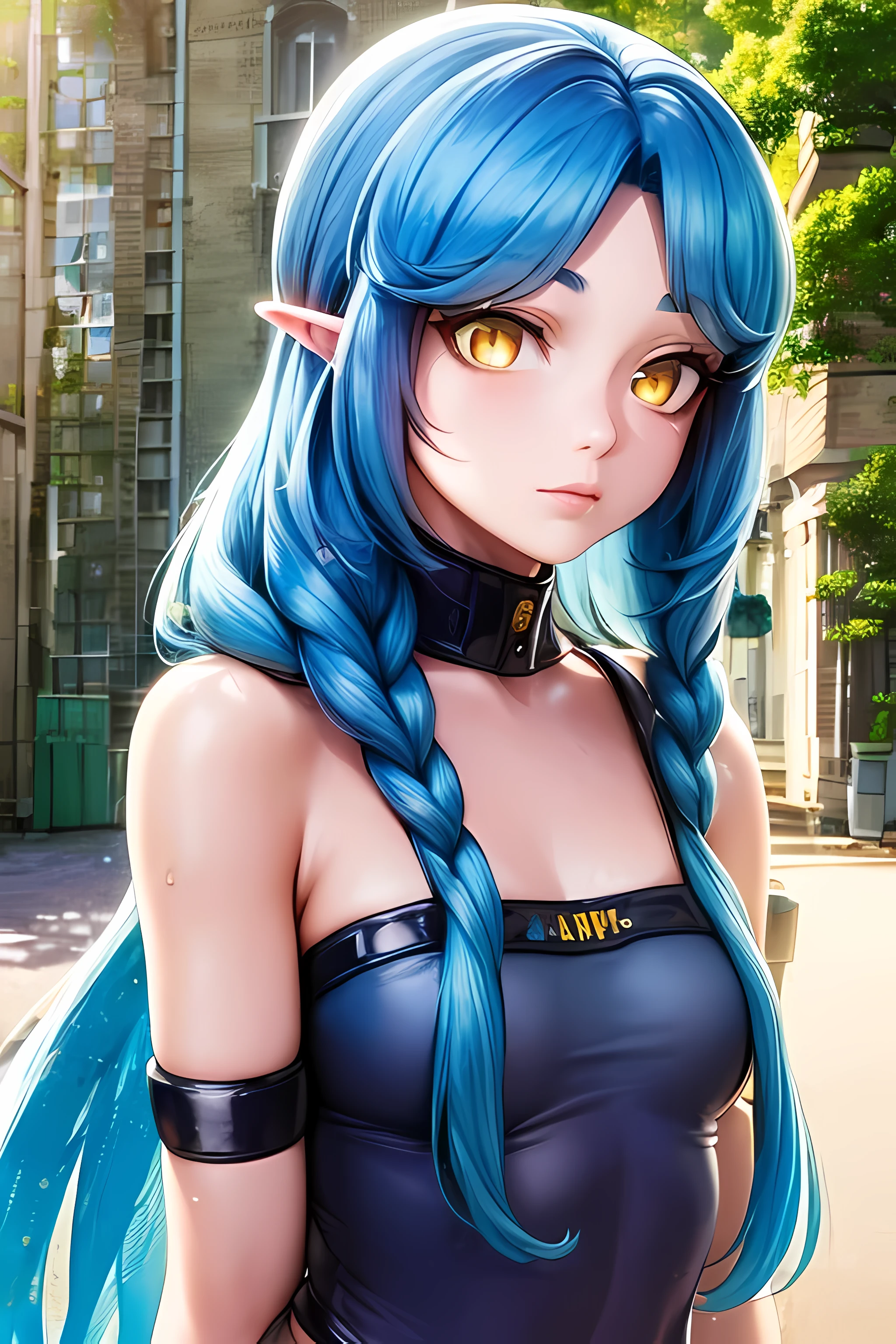 ((best quality)), ((masterpiece)), (detailed), ((perfect face)),1 girl, ((long blue hair, yellow eyes:2)), white long hooded dress, hooded dress, standing , (detailed sunlight:1.2), (outside:1:3), (slow build, detailed:2)