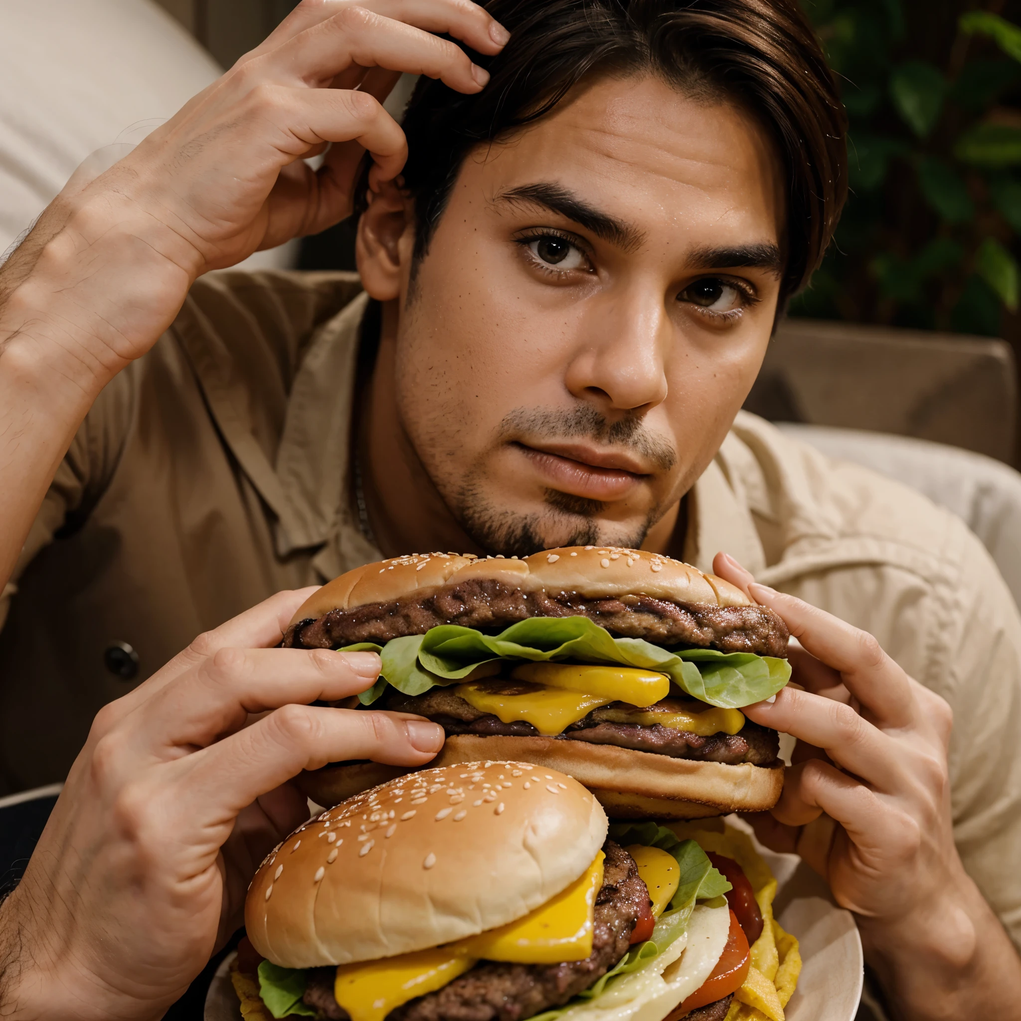 homem, sentado, triste, comendo, burger
