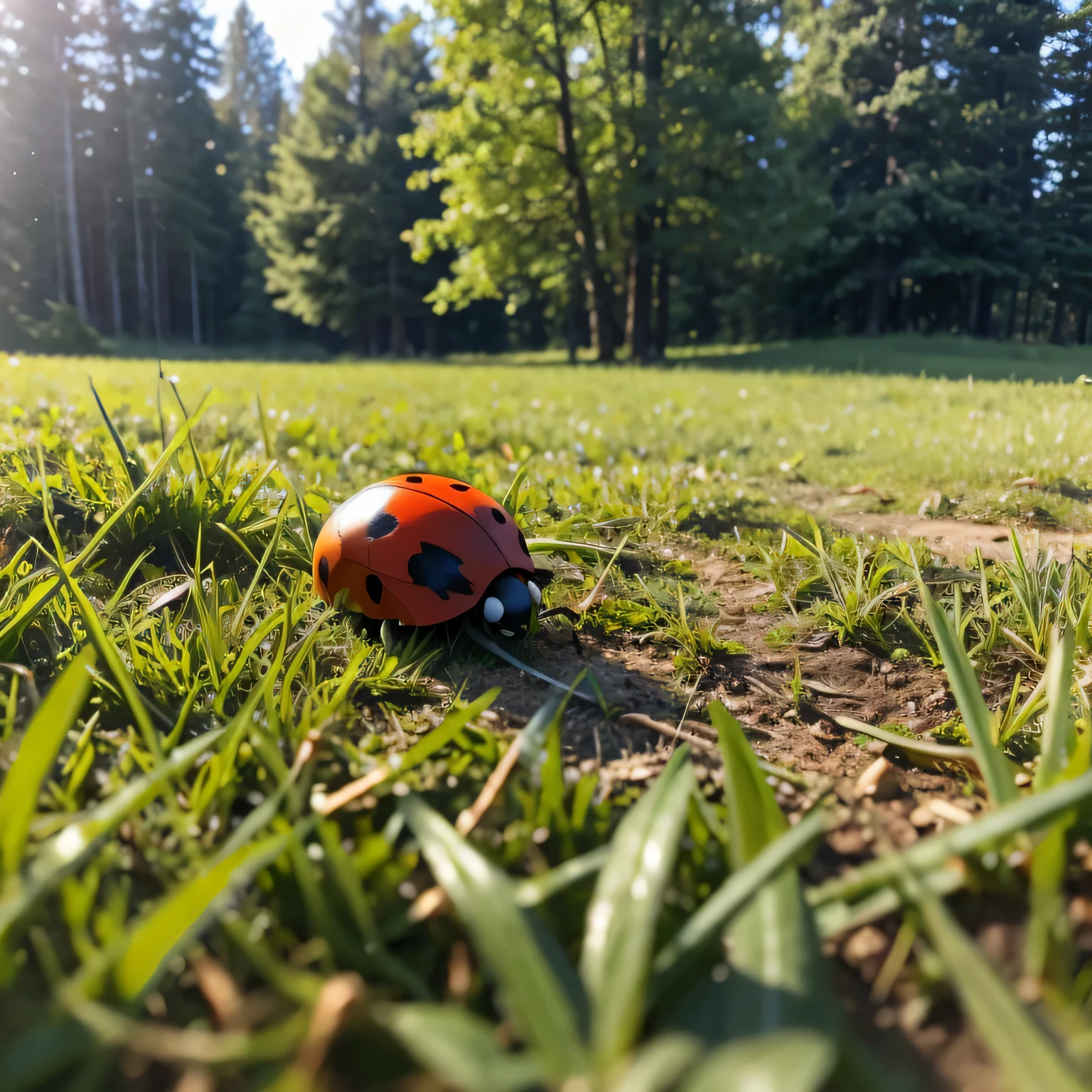 ladybug crawls through the grass in the forest, Russian nature, sunny day