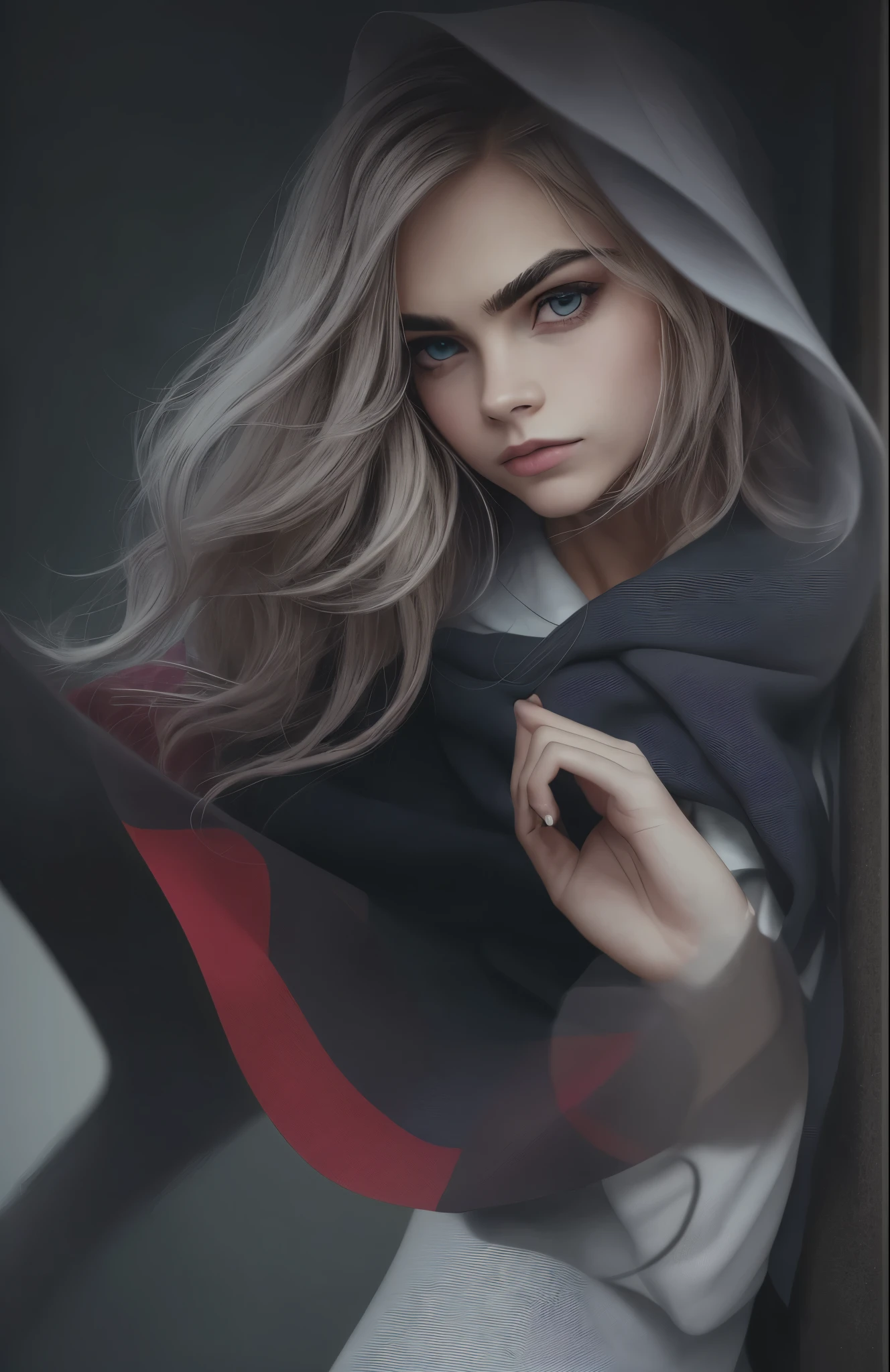 Black and white photo, cara Delevingne, colourpop (red plaid skirt) , looking sideways --auto --s2