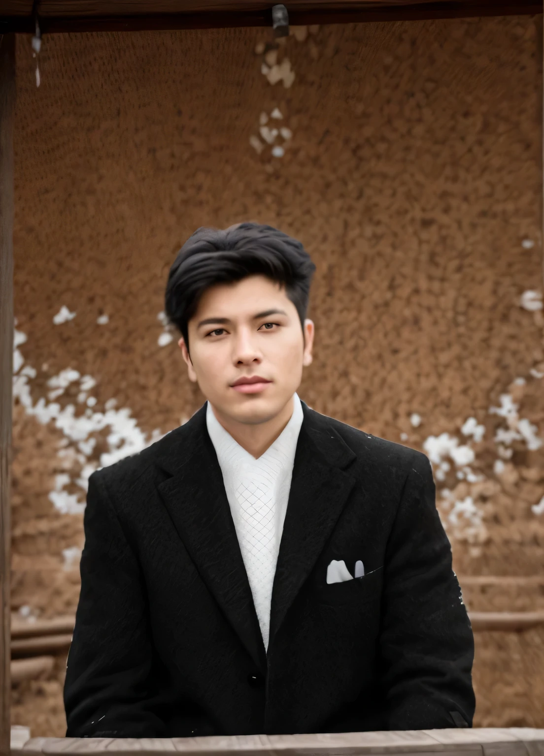 photo of a man in a suit ((without_tie)) posing for a photo, (black jacket), black wool jacket, (white_shirt), black hair, around 19 years old, sitting on a bench of logs, in front of a tree with green leaves, country atmosphere. photo realistic, 8k extremely detailed, perfect lighting, Colorful, (best_quality: 1.0), ultra high resolution, 4K, ultra detailed, photography, 8K, HDR, high resolution,