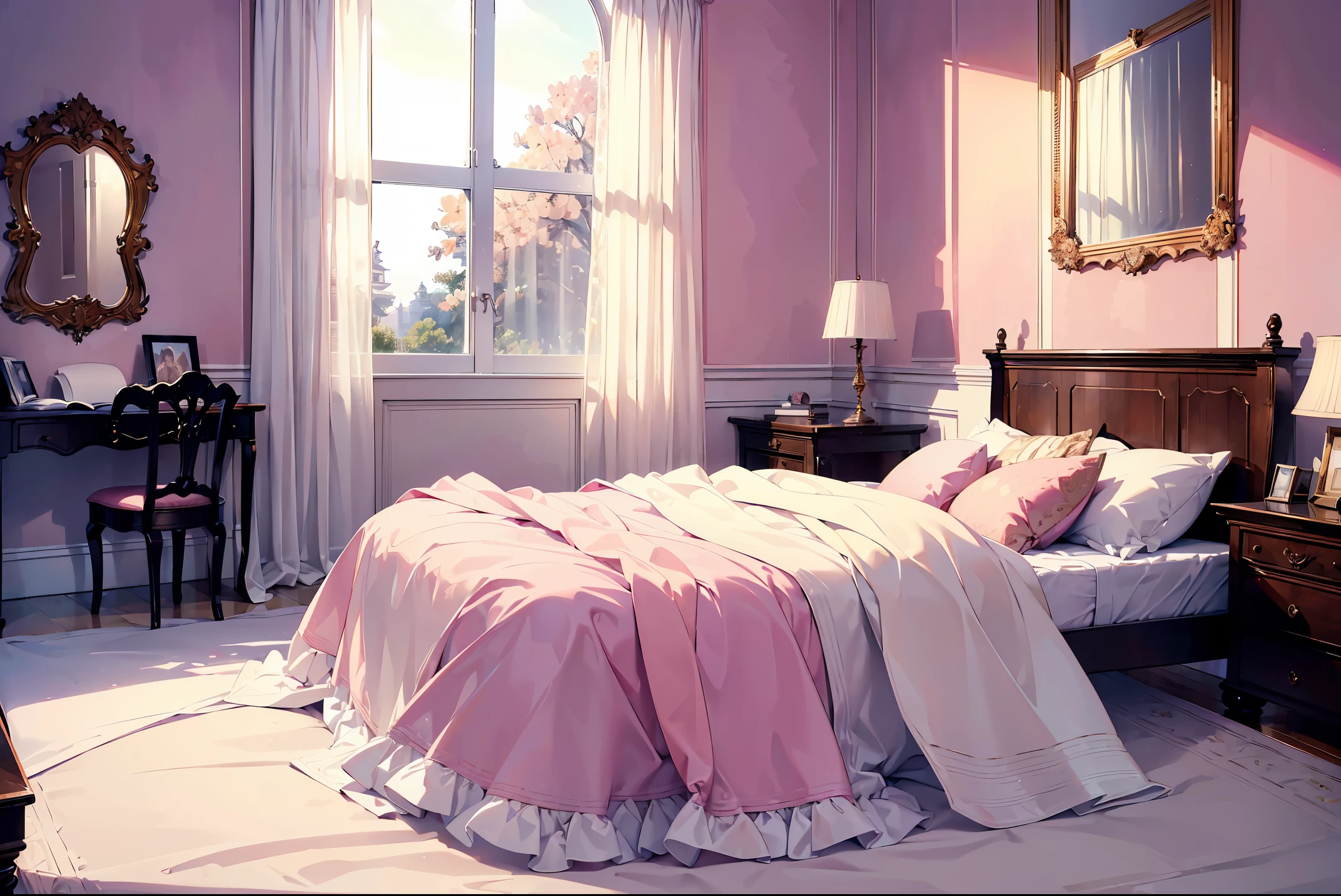 (high resolution), (ultra detailed), (perfect lighting), (beautiful skin), (perfect shadows), (beautiful eyes), (detailed eyes), (masterpiece), (best quality), (detailed clothing), (full body) a very pretty pink empty room with a bed a window with white curtains, a desk with books, a mirror,