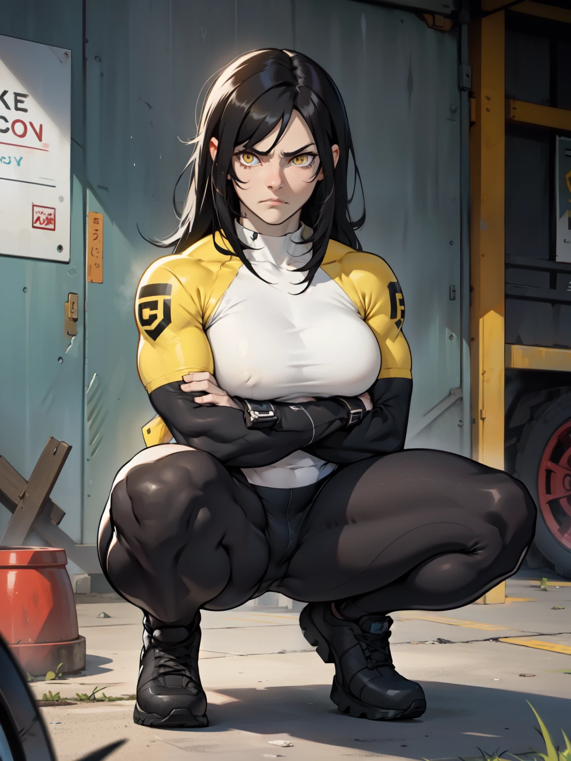 sad frown muscular girl muscular girl black hair yellow eyes pale skin breasts full body squatting