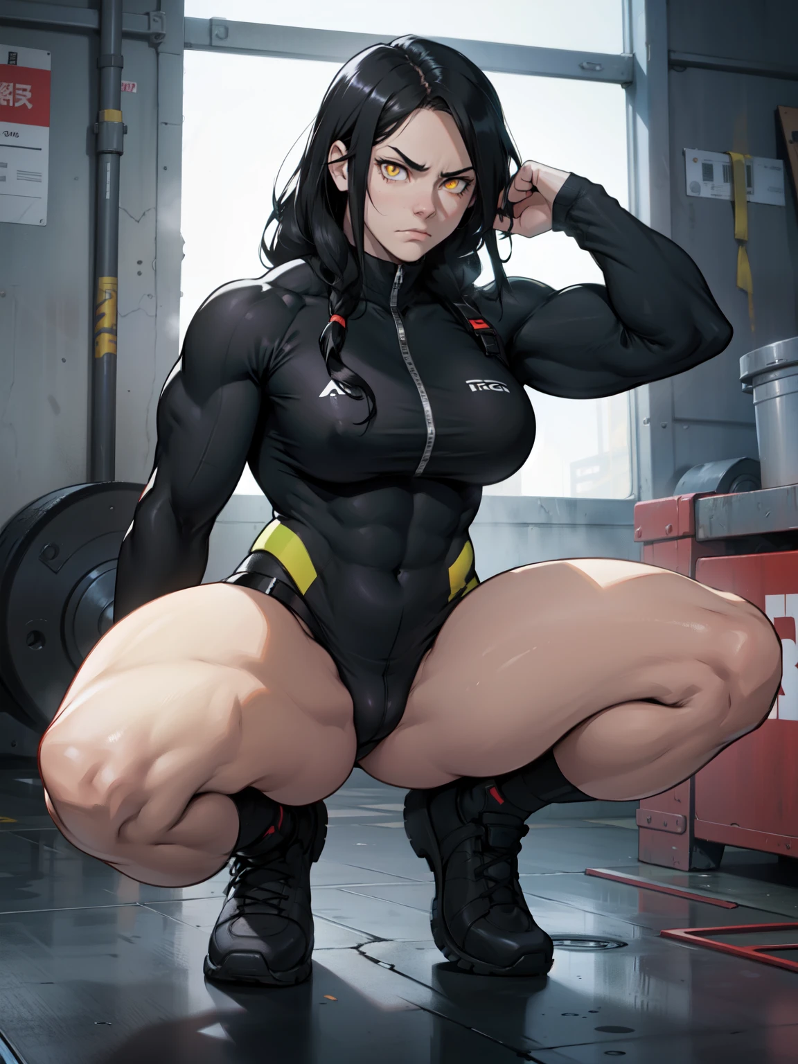 sad frown muscular girl muscular girl black hair yellow eyes pale skin breasts full body squatting