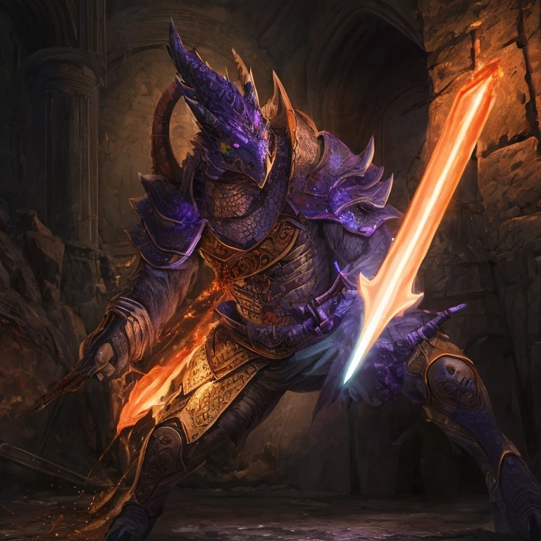 Ultra realistic, hyperrealistic, highly detailed scale texture, d&d dragonkin, green scales, glowing purple eyes, glowing purple scales, wearing rough leather armour, holding purple flame sword, dark dungeon background, glowing magic effects, 