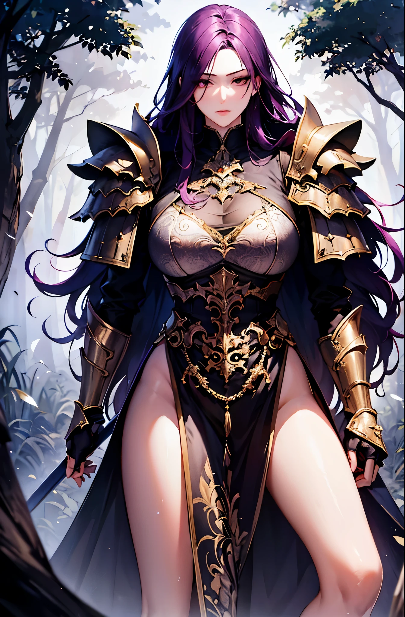 sexy style, 1 woman, mature, tall, dark purple hair, long hair, straight hair, violent eyes, delicate, feminine face, wearing shoulder armor, black medieval armor, armor with golden details, dress open on the sides, legs open to the shows, sexy legs, use of a red katana, mystical forest scene, perfect lighting, illustration style.