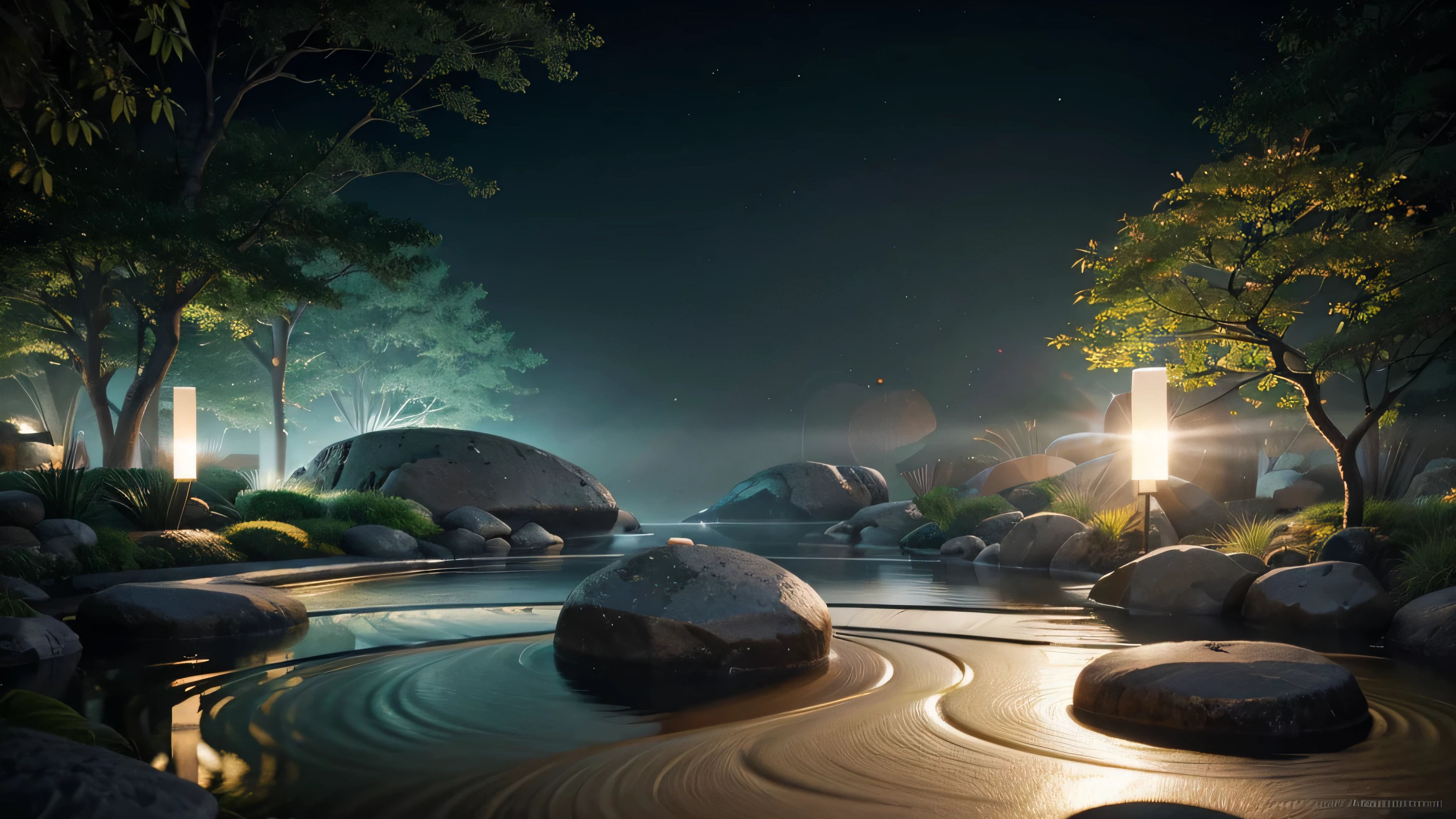 zen garden, landscape, light abstraction, Cover art with light abstraction, vector art, Contemporary Chinese art, Gradient of color, Soft color palette, layered forms, Whimsical animation, The style is ethereal and abstract